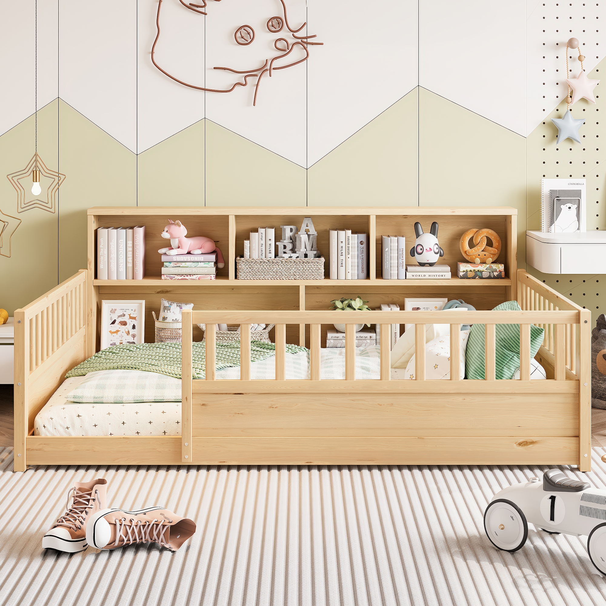 Lit bois sol avec barrière rangement latéral couleur naturelle