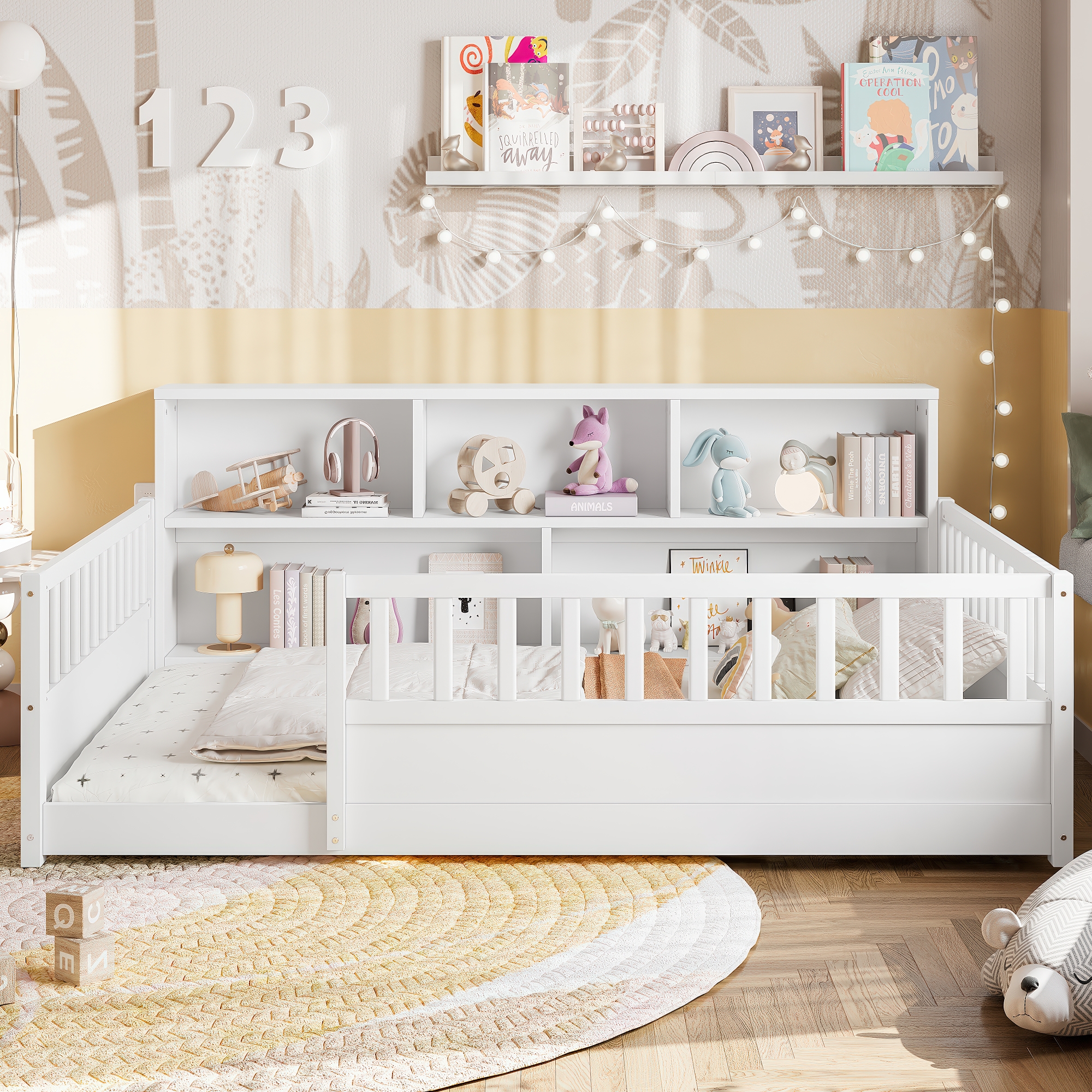 Lit plancher bois barrière garde-fou blanc