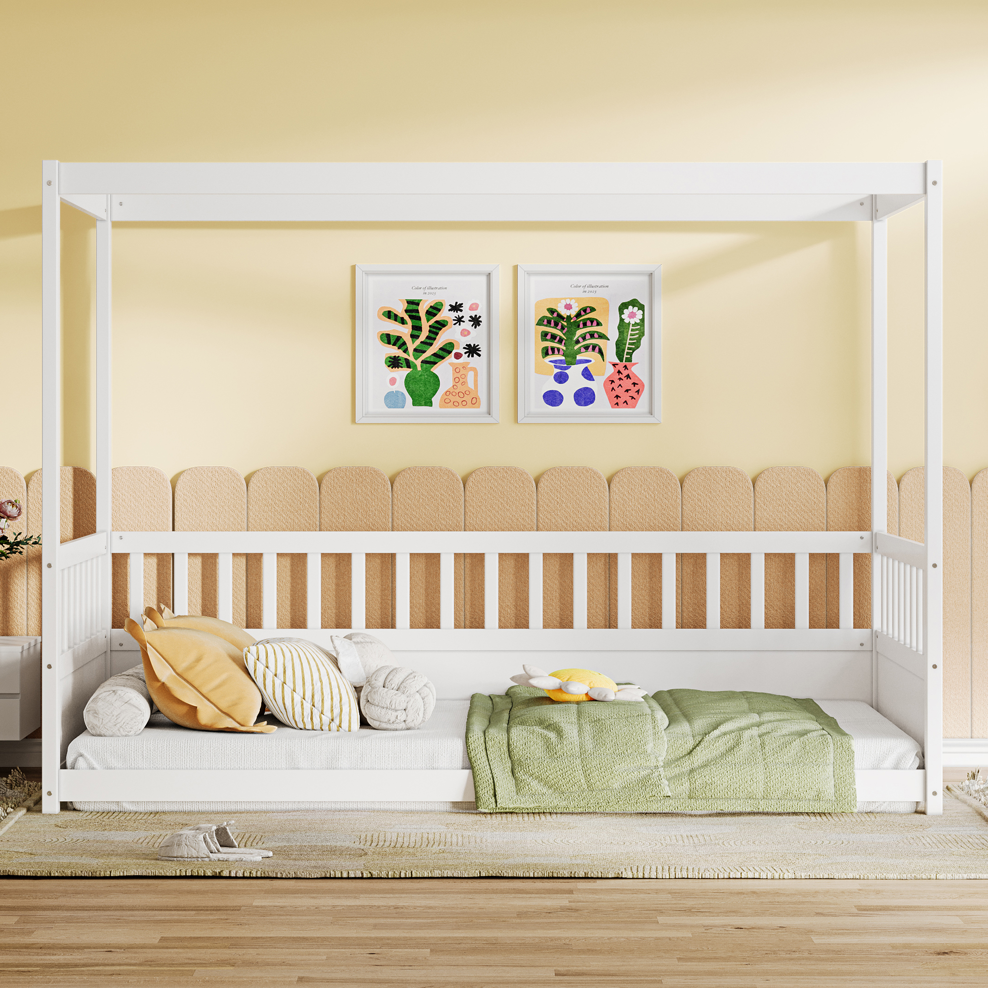 Lit baldaquin lit simple enfants, barres sécurité, 4 colonnes, blanc Montessori
