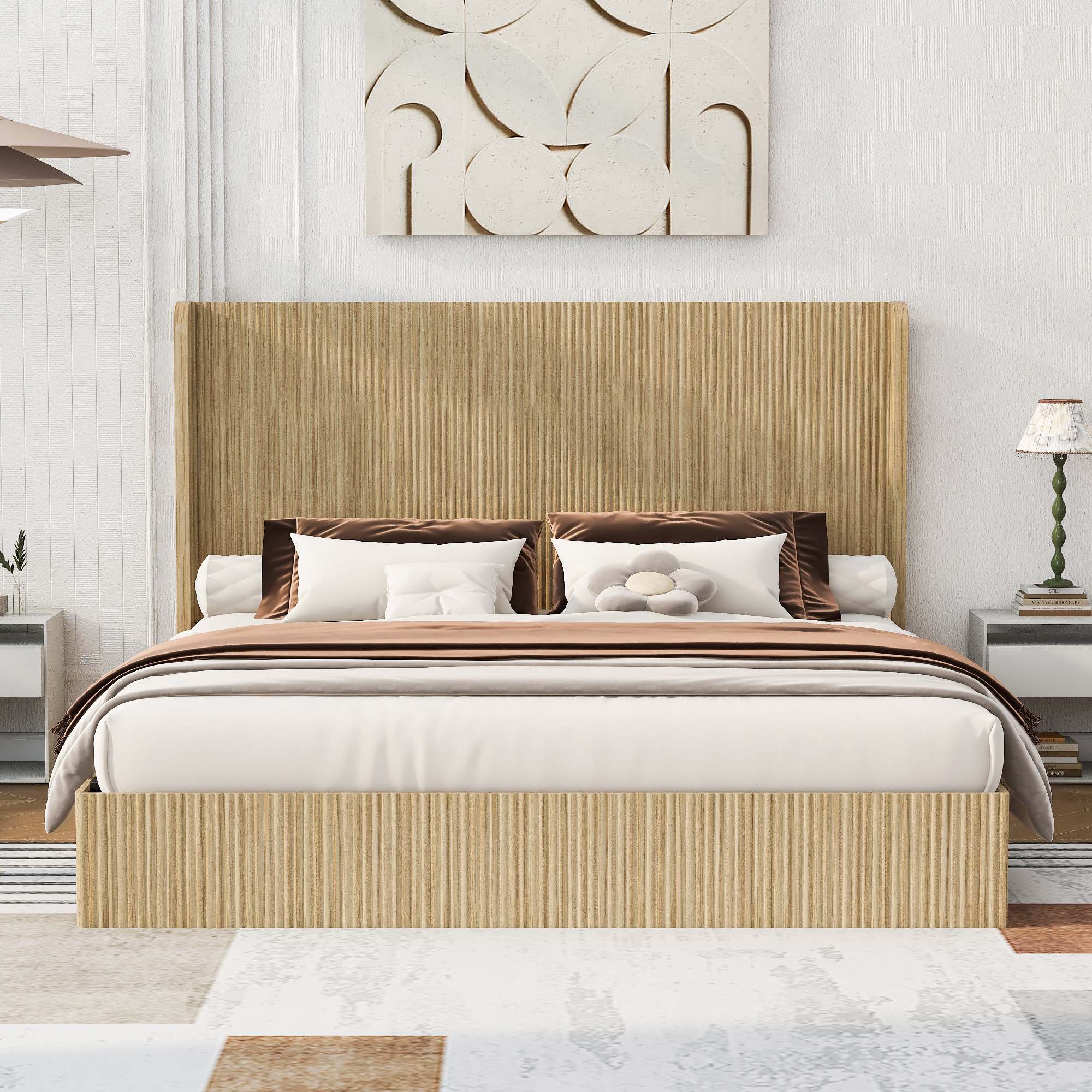 Lit mid-century king dossier wingback haut bois cannelé sans ressort