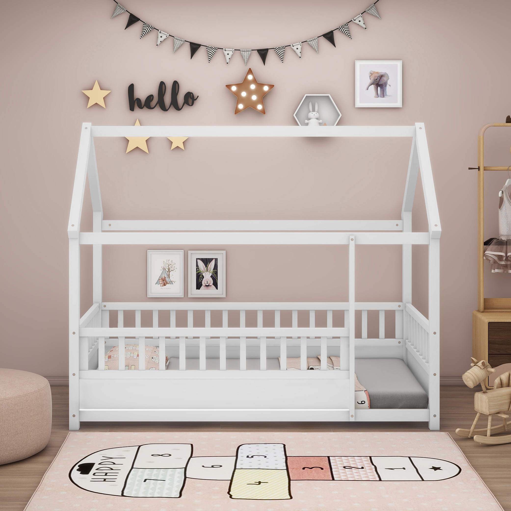 Lit plancher bois blanc toit enfant, garde-fou, simple