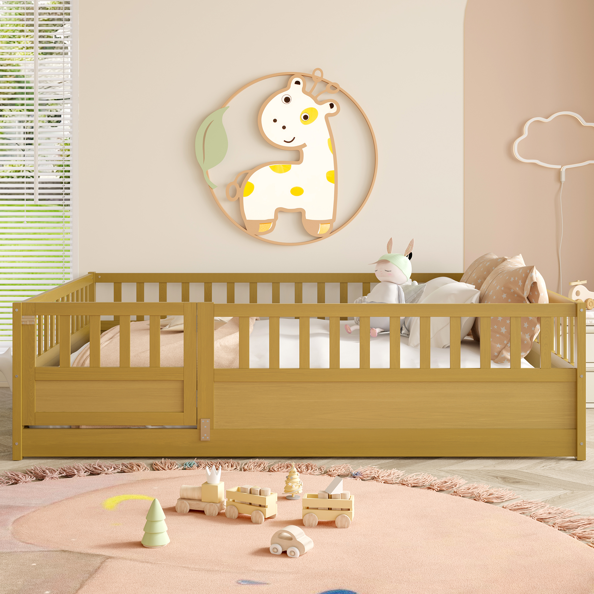 Lit enfant plancher pleine grandeur, barrière sécurité