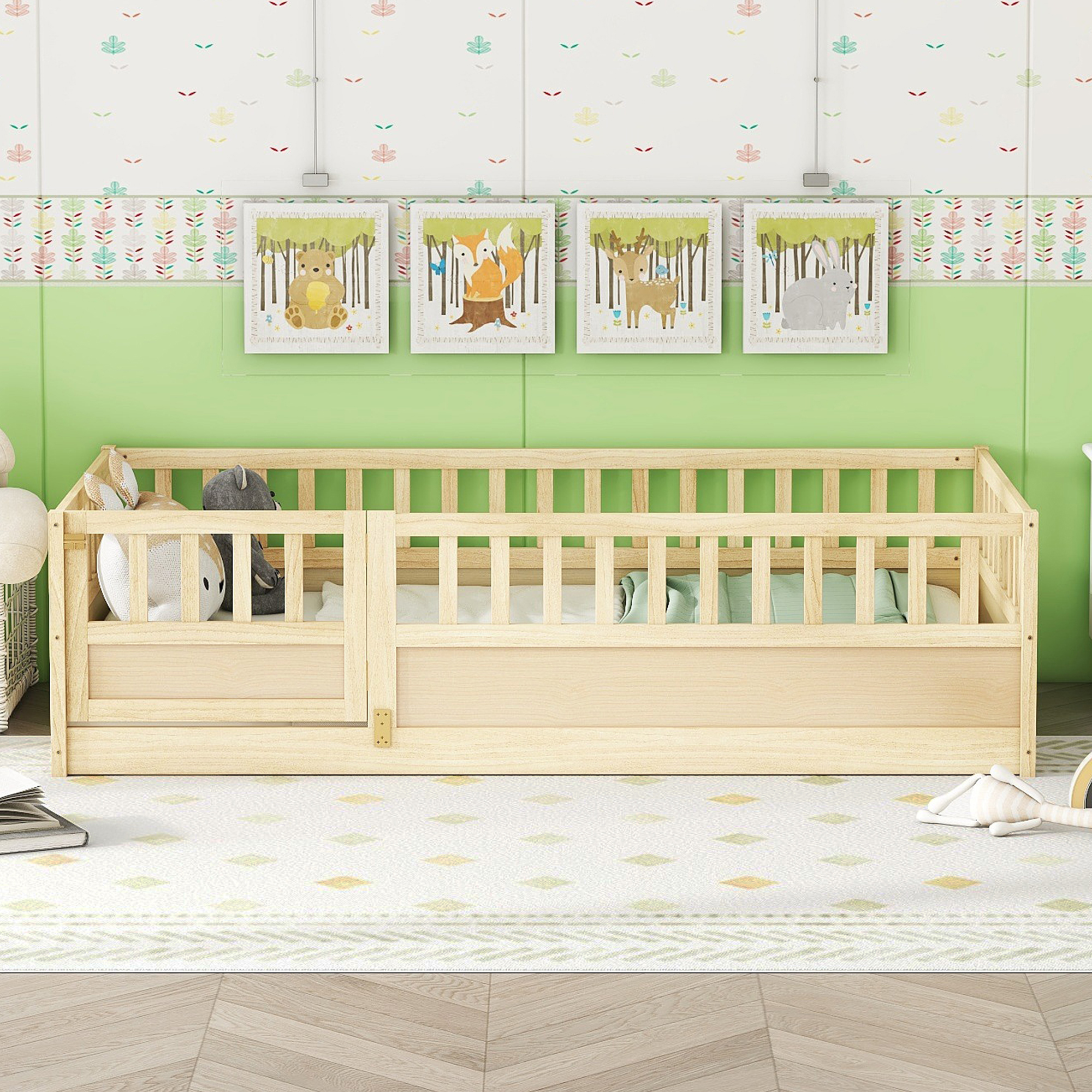Lit plancher enfant Twin, barrière sécurité, bois naturel