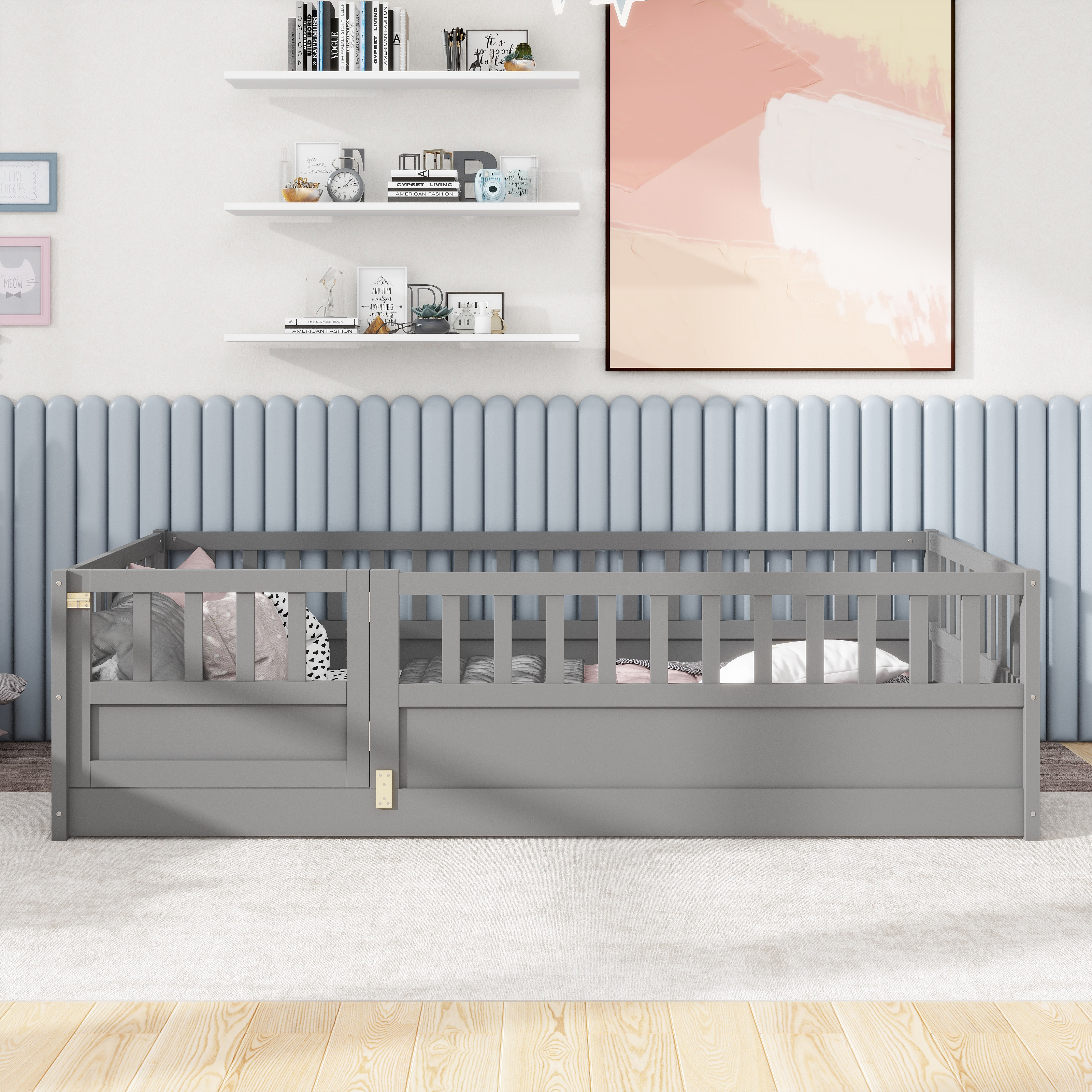 Lit au sol double, barrière sécurité, porte, modèle Montessori