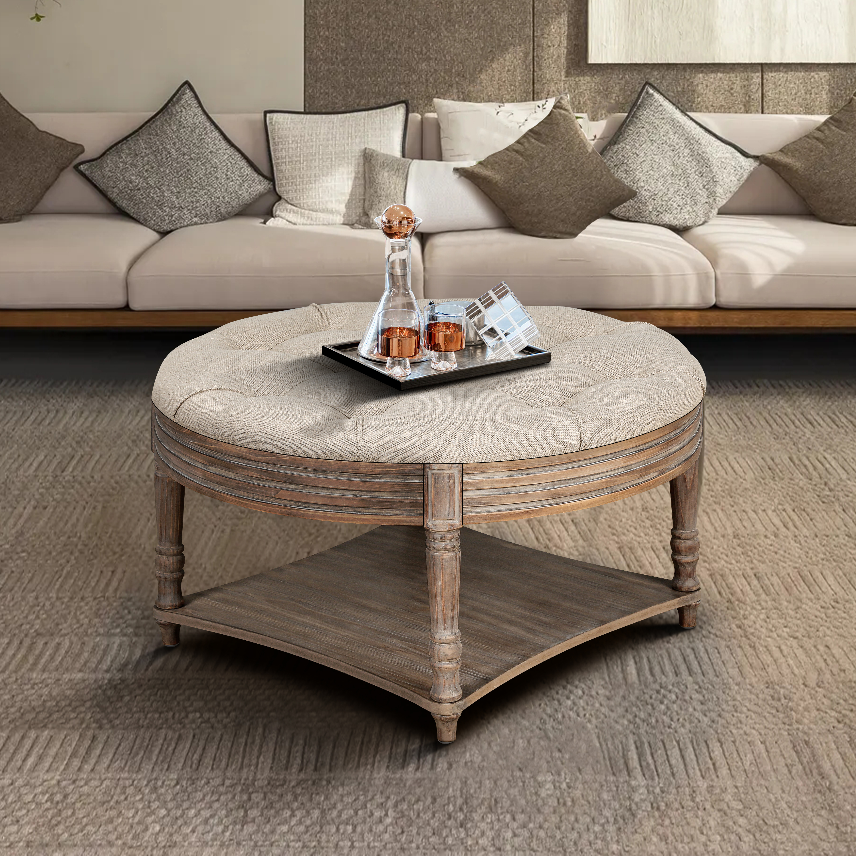 Ottoman café boutonné grand rond imperméable bois