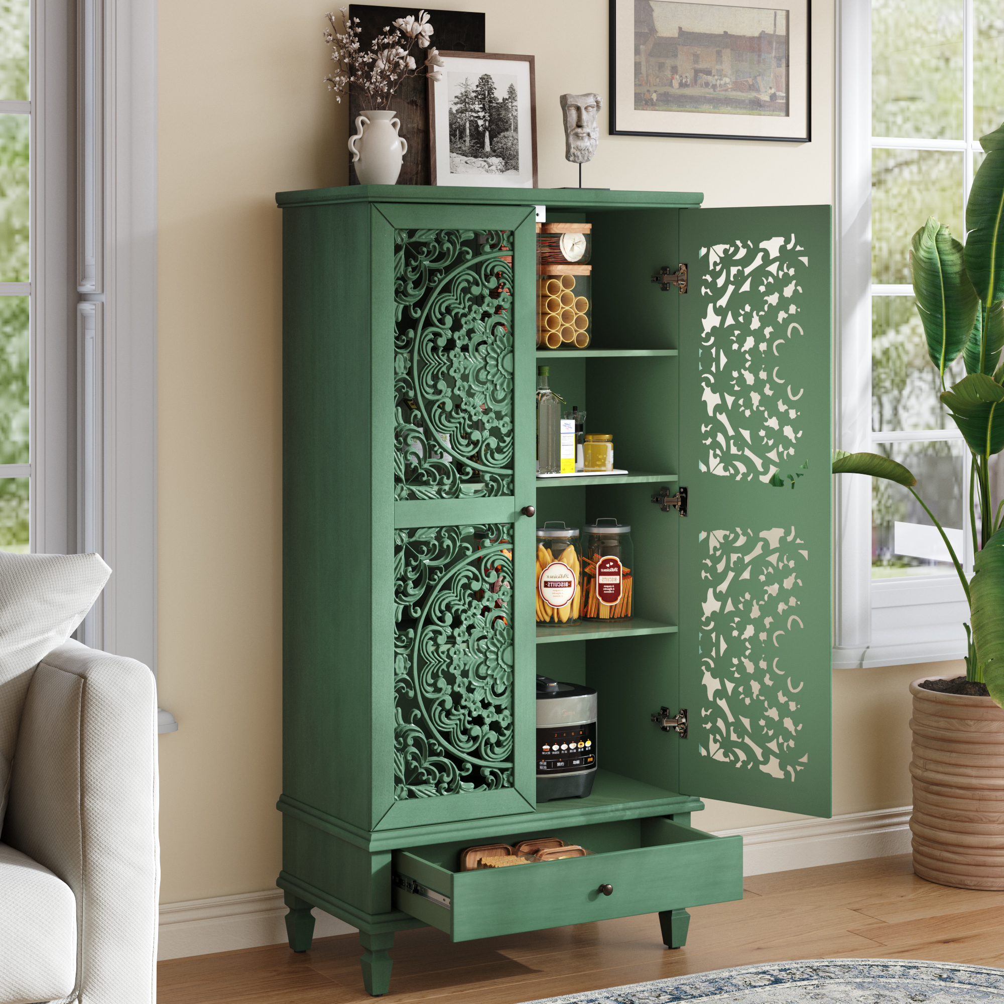 Armoire rangement bois 55po, tiroir, portes sculptées, vert antique