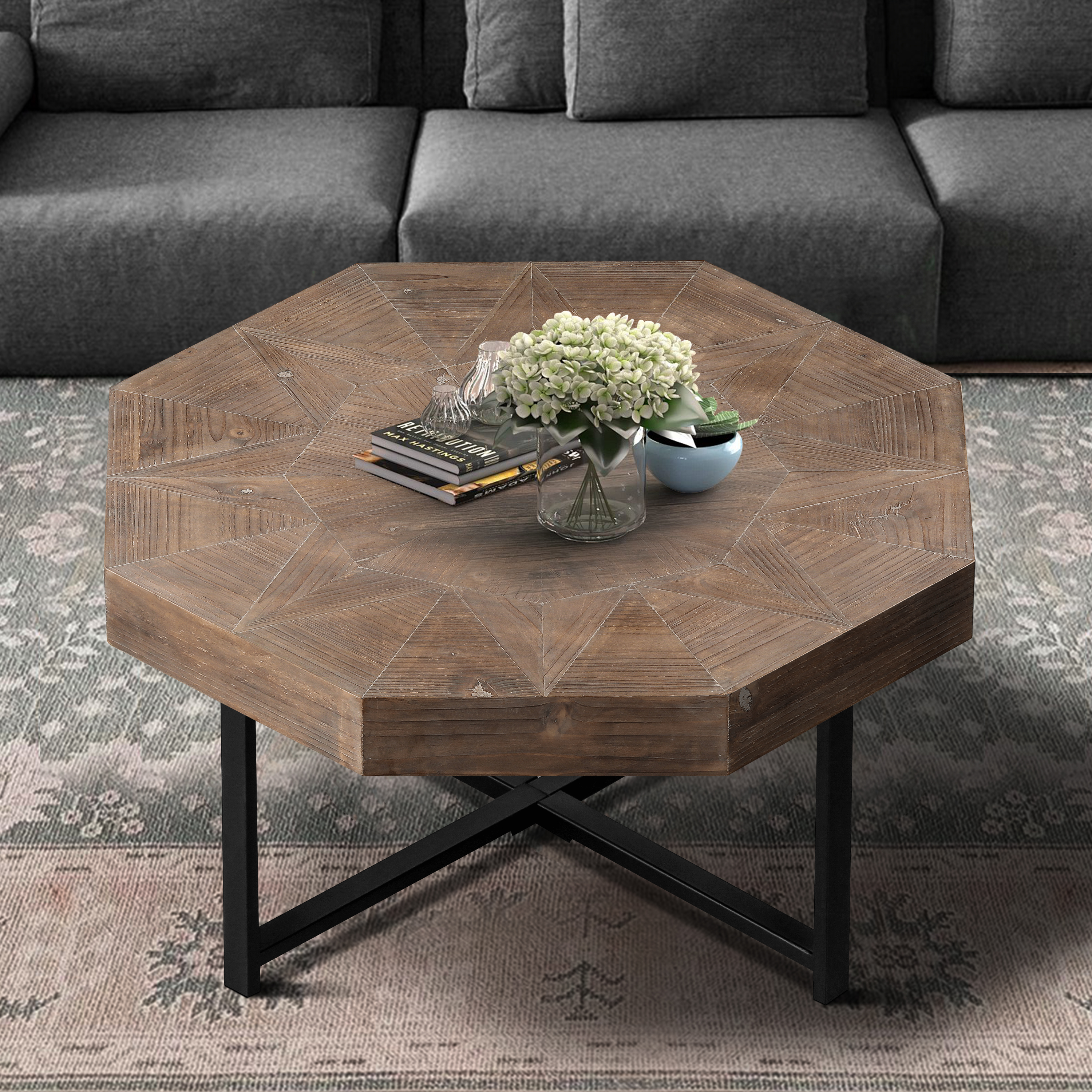 Table basse octogonale bois patchwork 30po, pieds métal, brun antique
