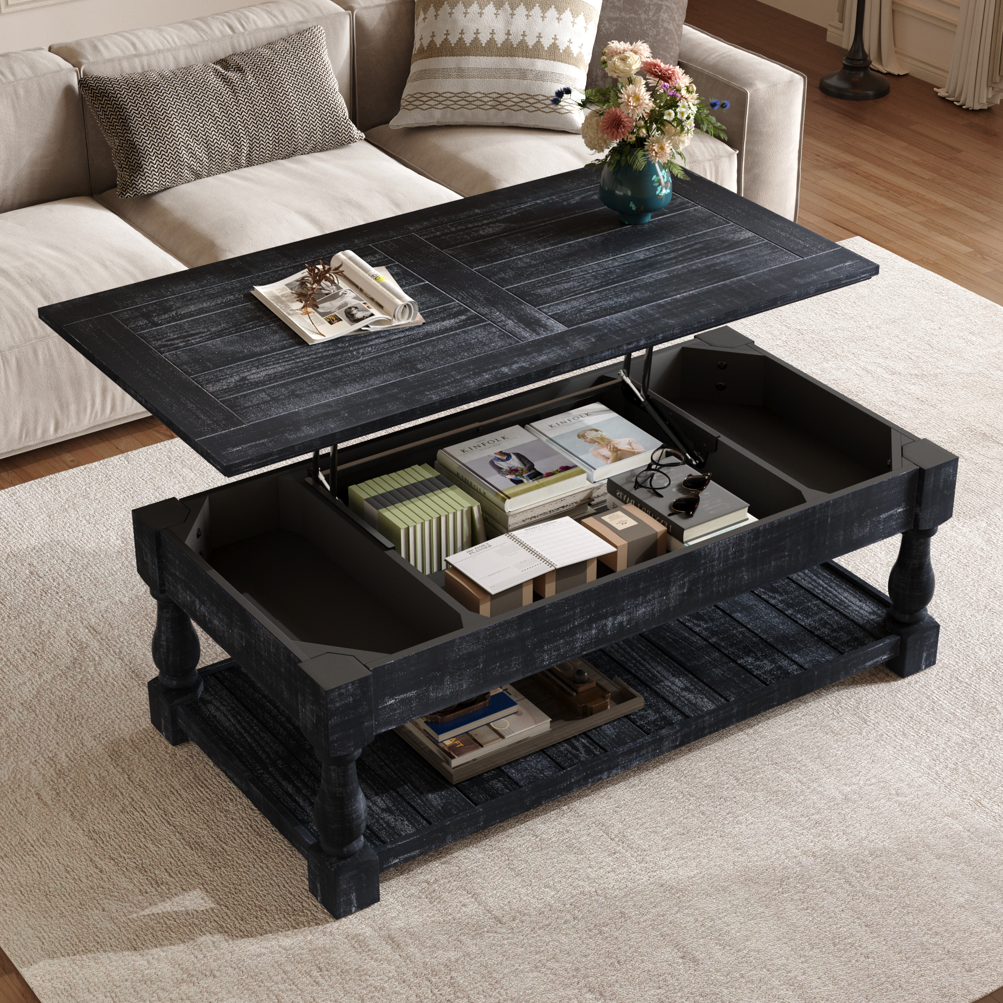 Table basse ferme-dessus noir rangement, 2 étages