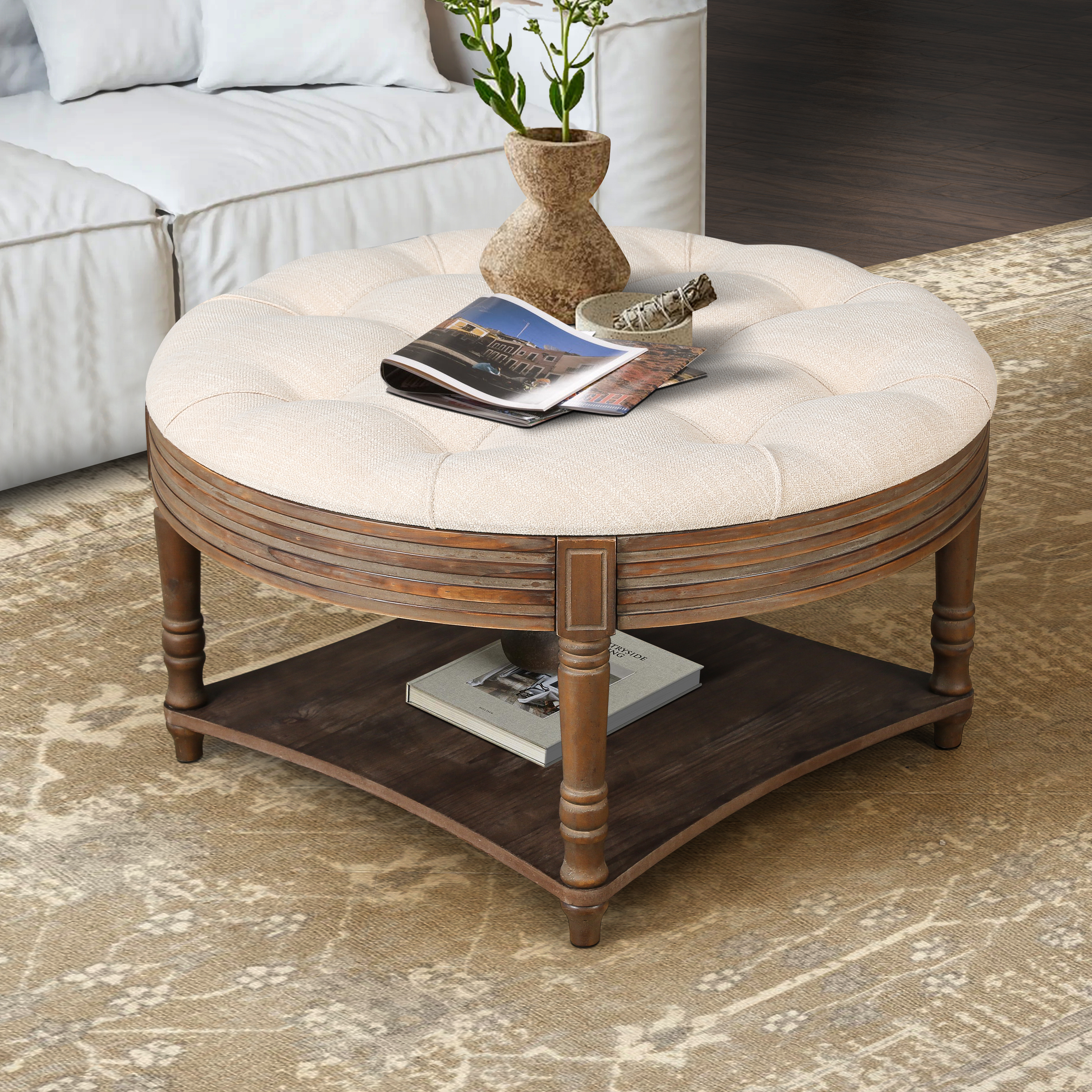 Pouf café rond imperméable beige capitonné 2 étages