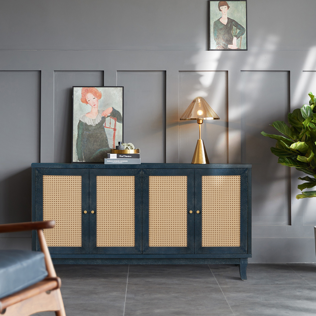 Buffet rotin 4 portes bleu rangement modulable