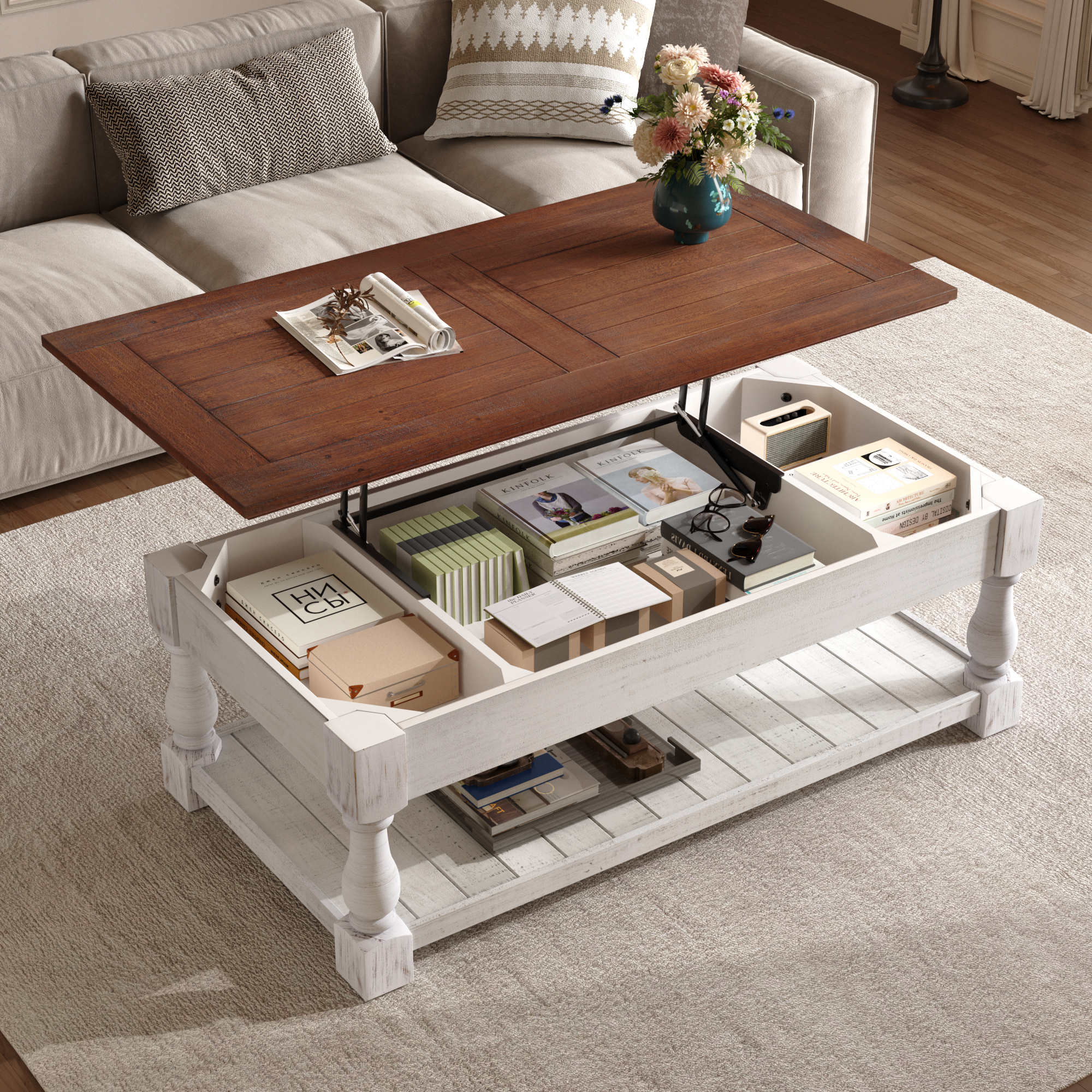Table café relevable rangement espresso blanc vieilli
