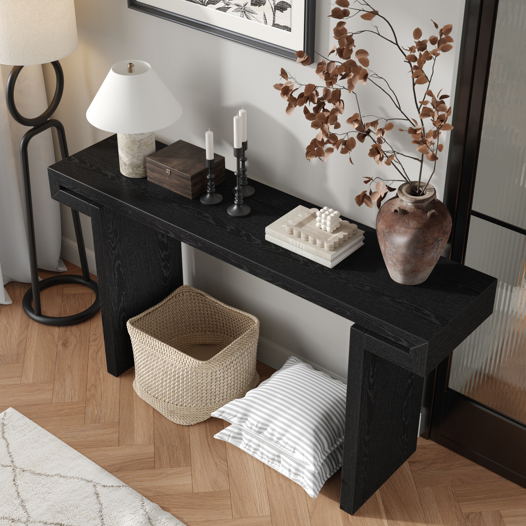Table console ferme 60po, bois rustique, noir