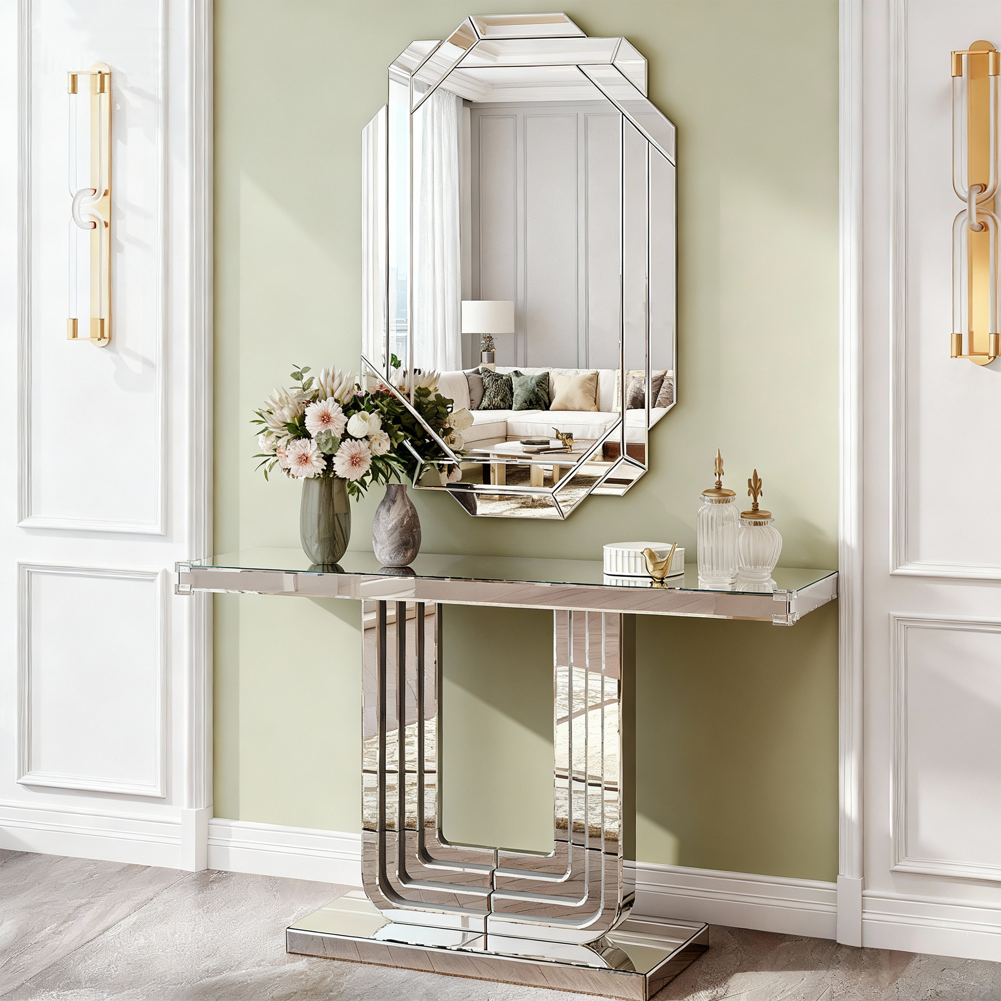 Console miroir argentée, base U, design incrustation main, 47po
