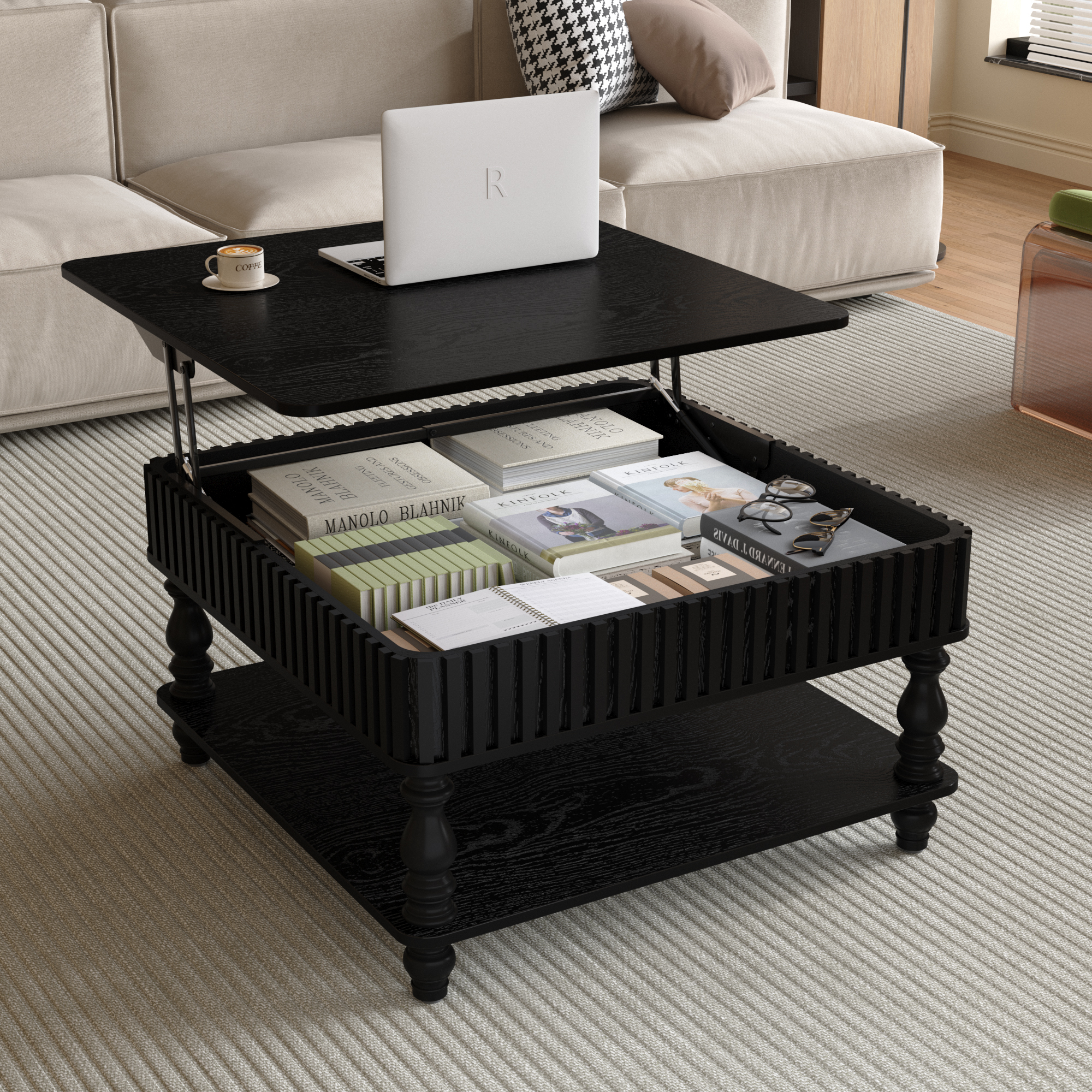 Table basse relevable 31,5 po cannelée, rangement caché