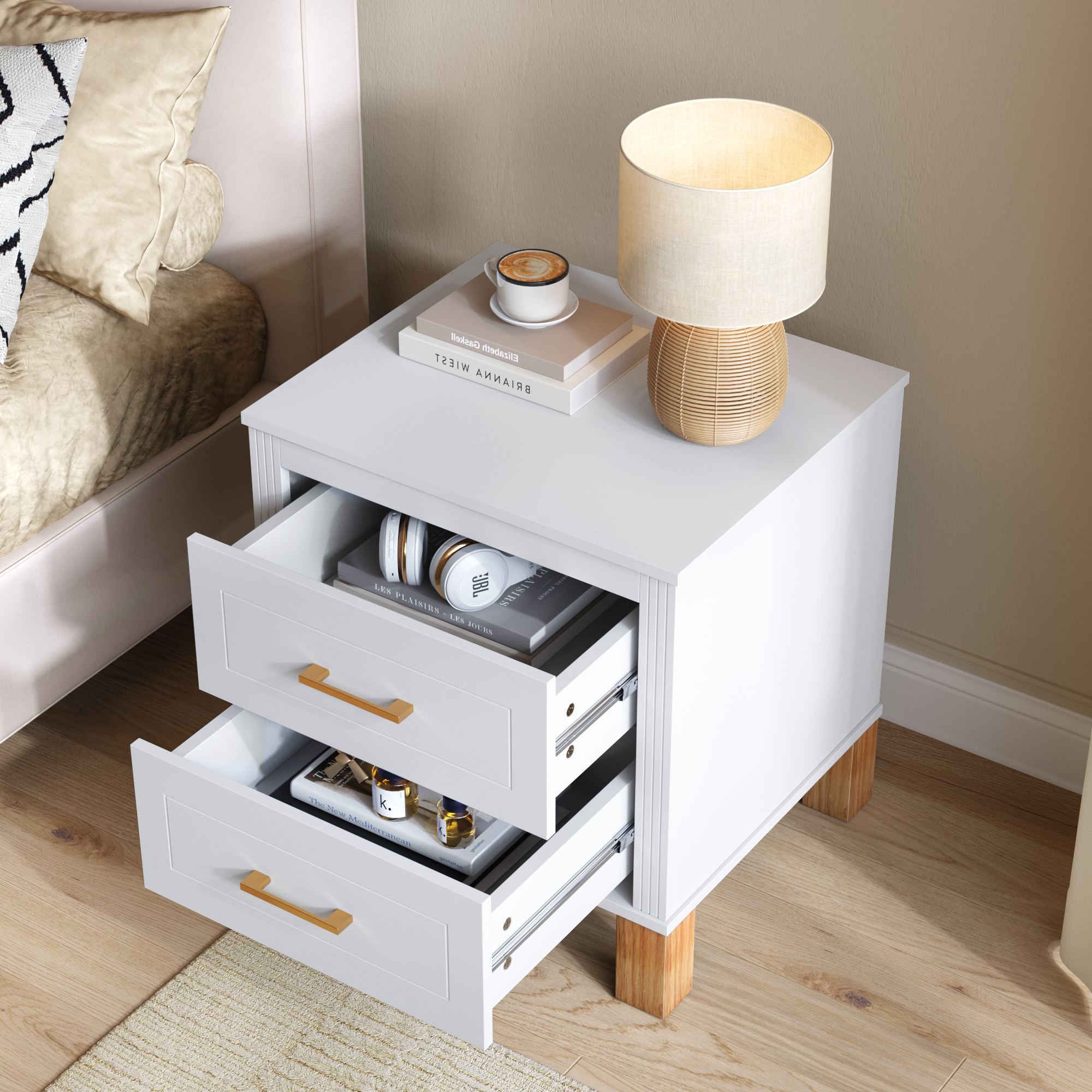 Table de nuit 2 tiroirs bois premium design cannelé blanc