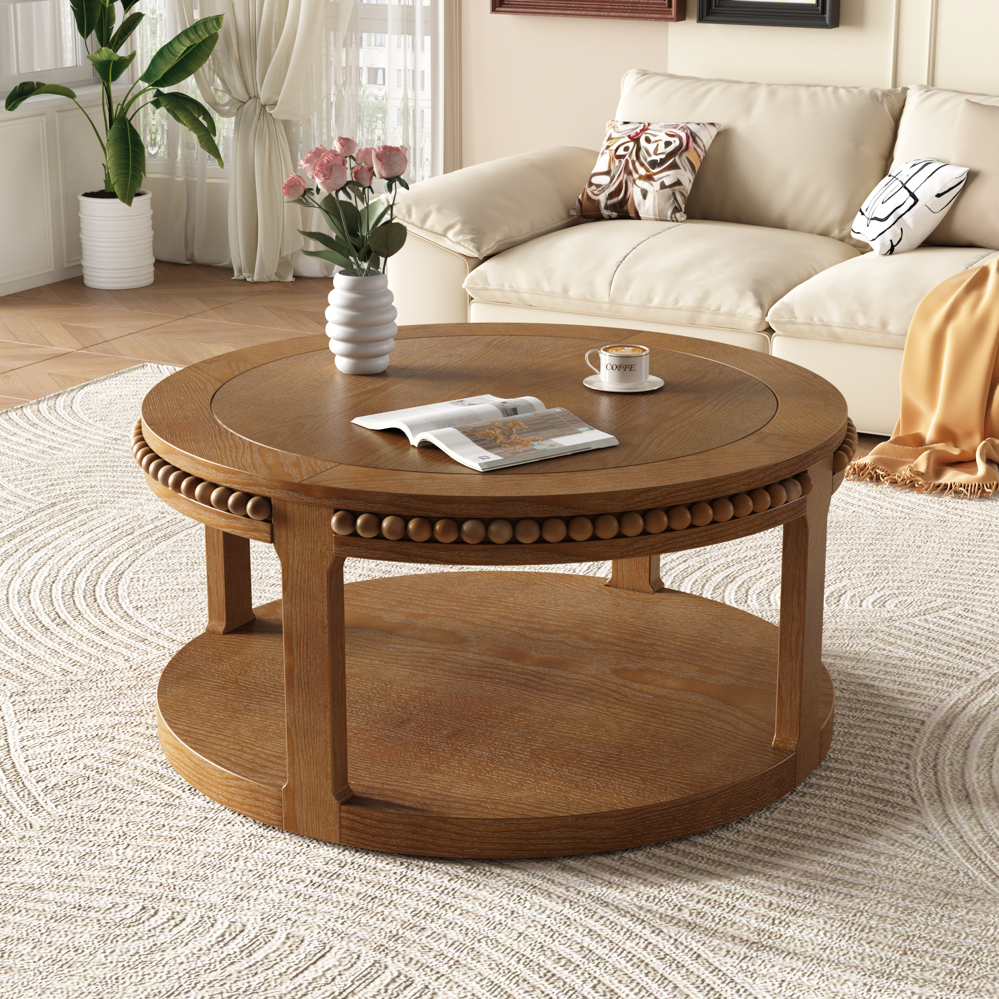 Table basse bois rond 31,5po 2 étages noyer salon