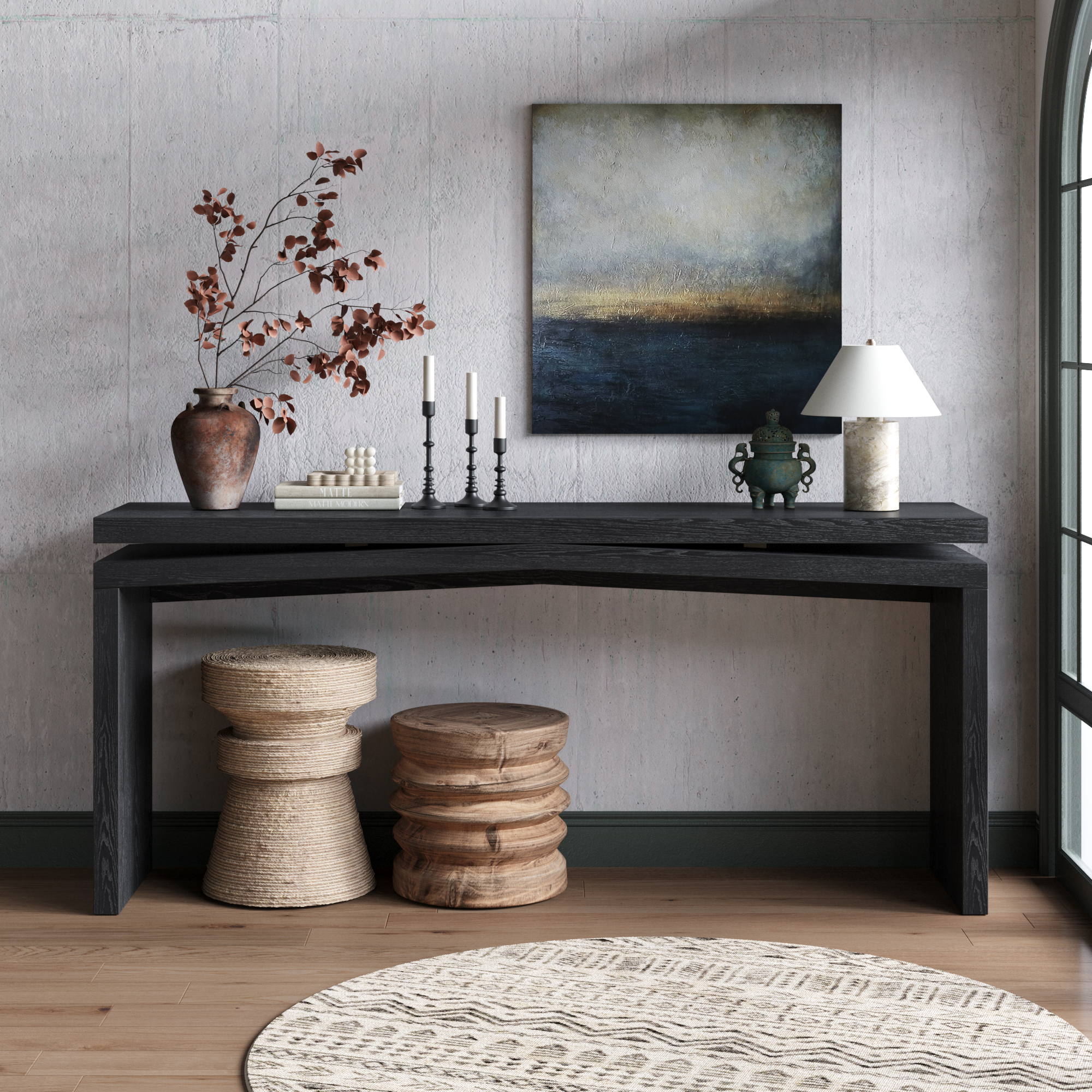 Table console bois rustique 65po, style ferme, couleur noir