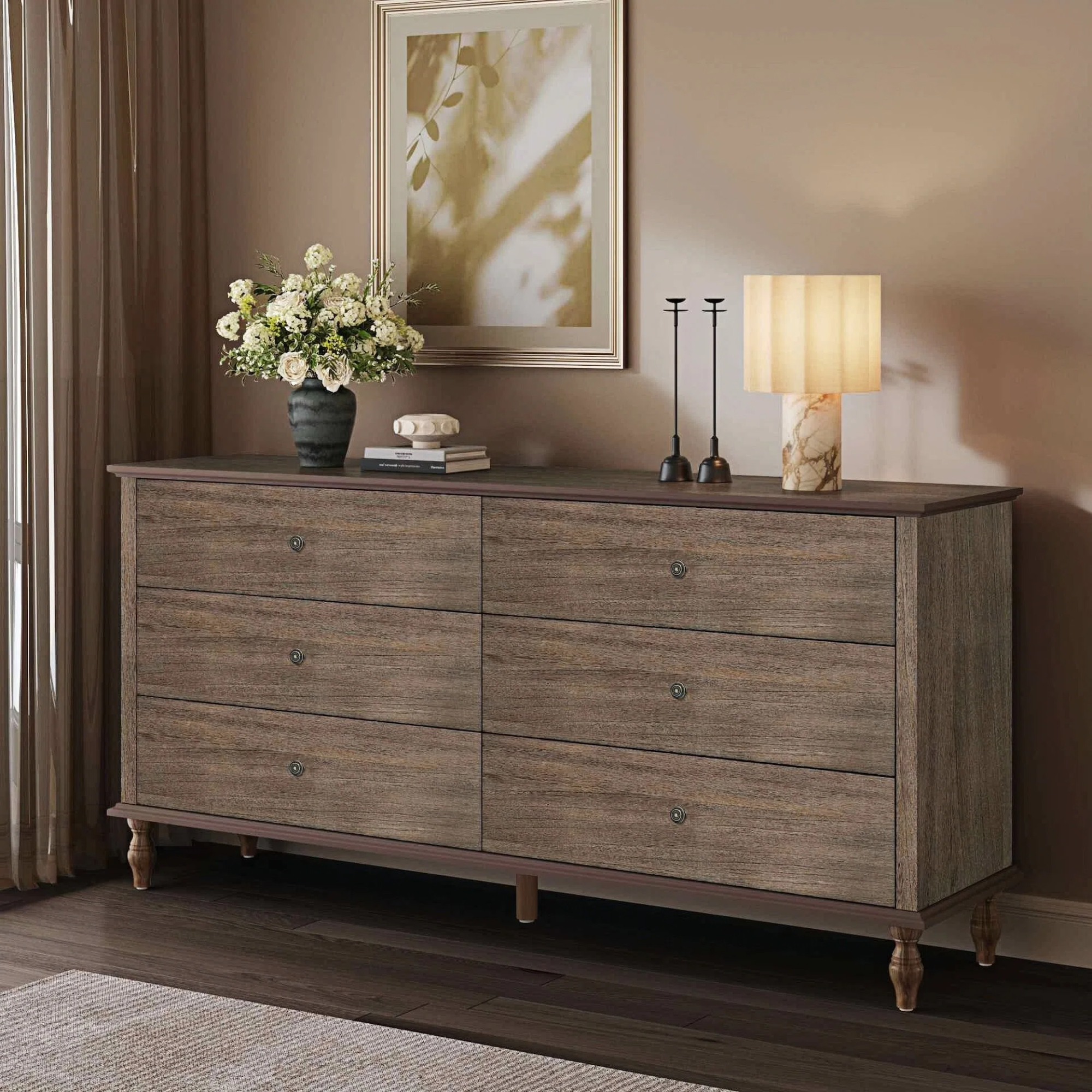 Commode 6 tiroirs bois, fini brun brûlé, poignées cuivre