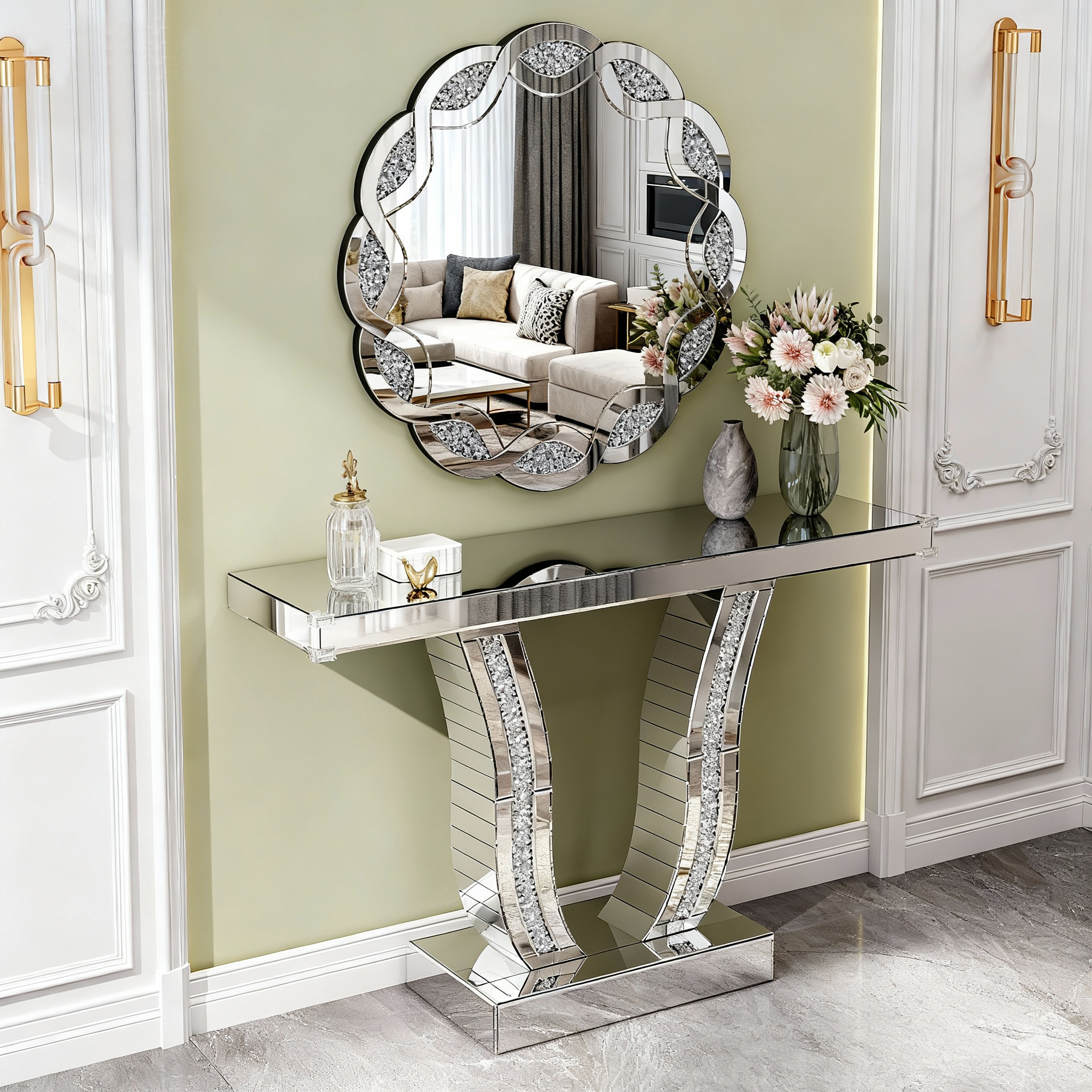 Console miroir 43 po argent - Pieds pierre courbés
