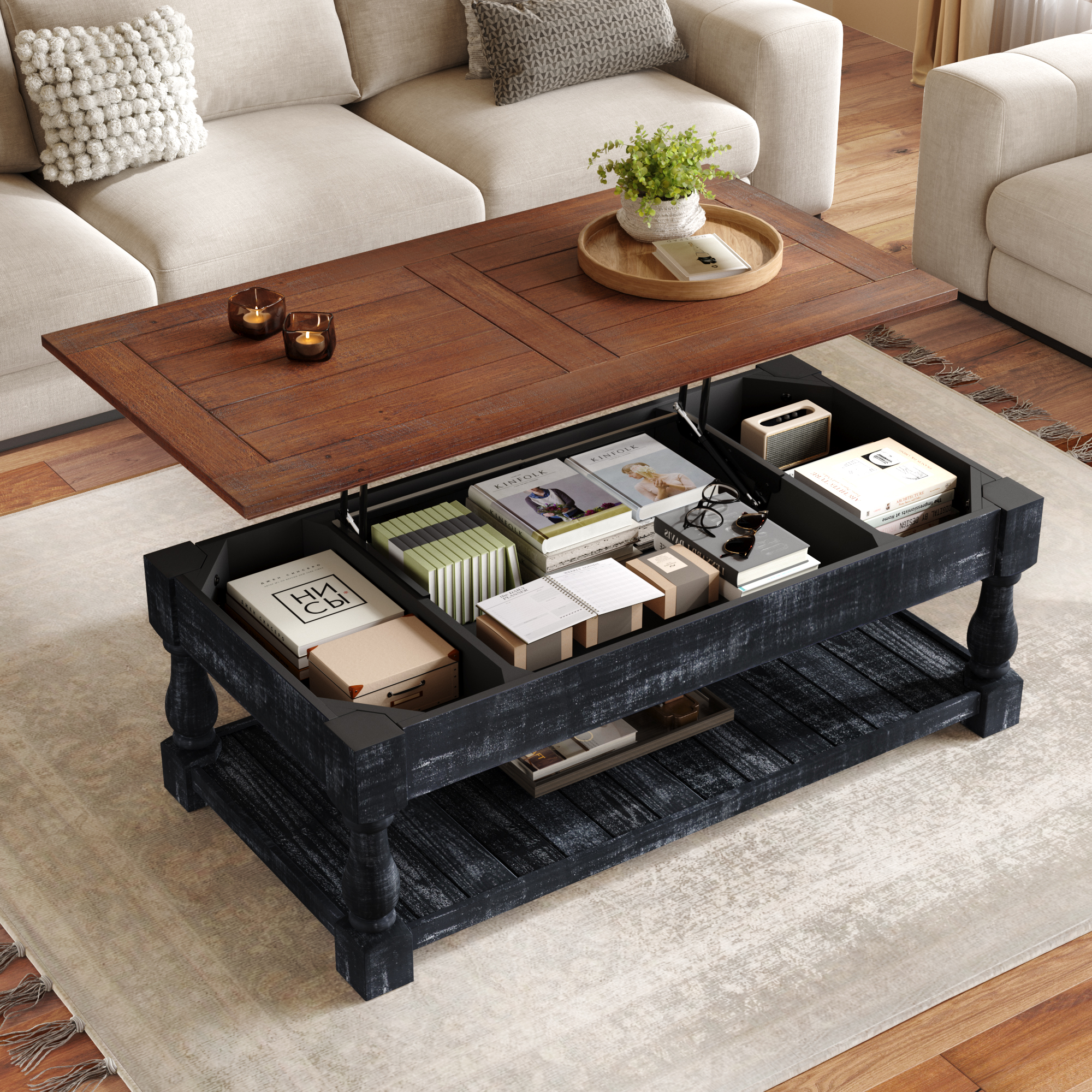 Table basse relevable avec rangement caché, noir espresso
