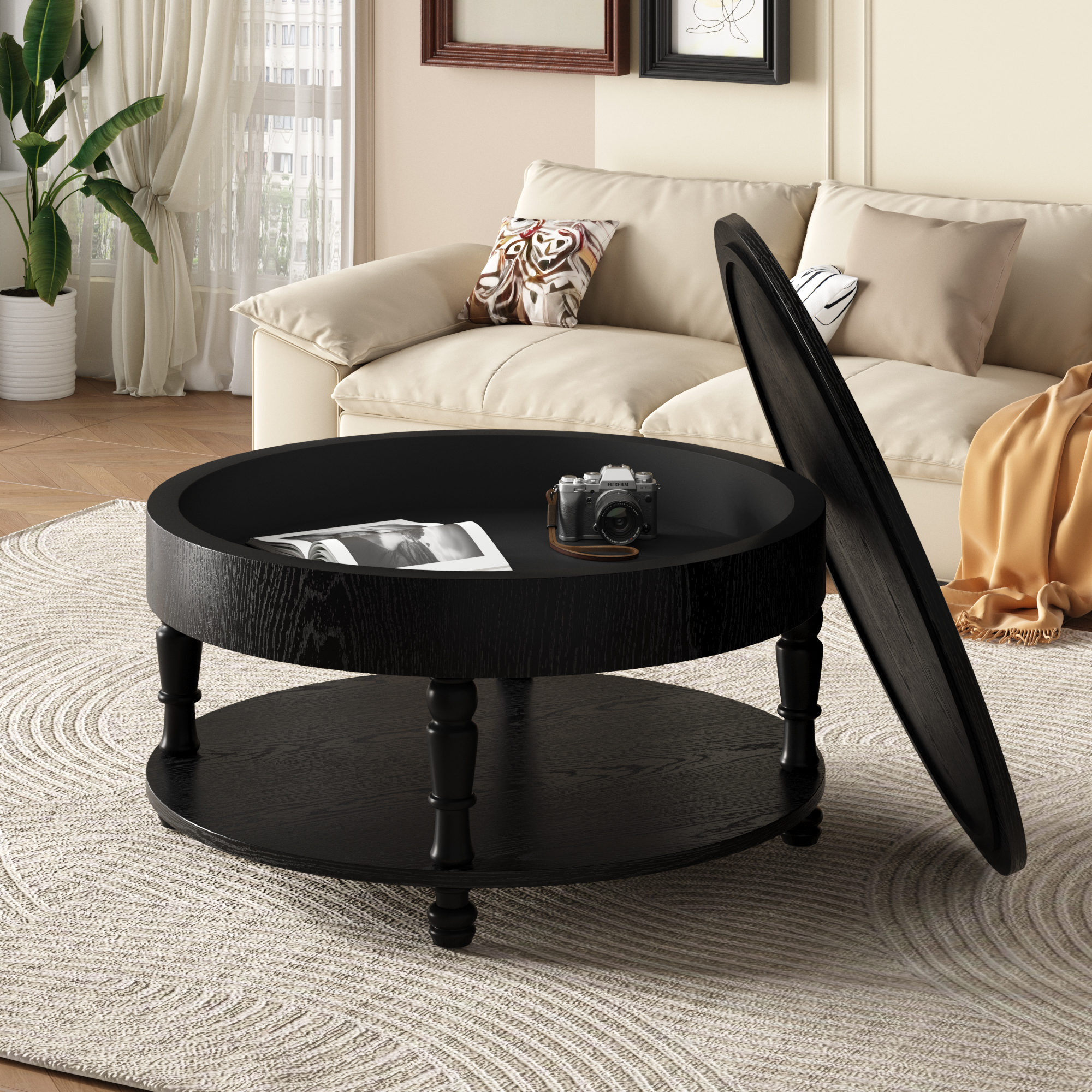 Table basse ronde moderne, rangement dual, noir, 31.5"