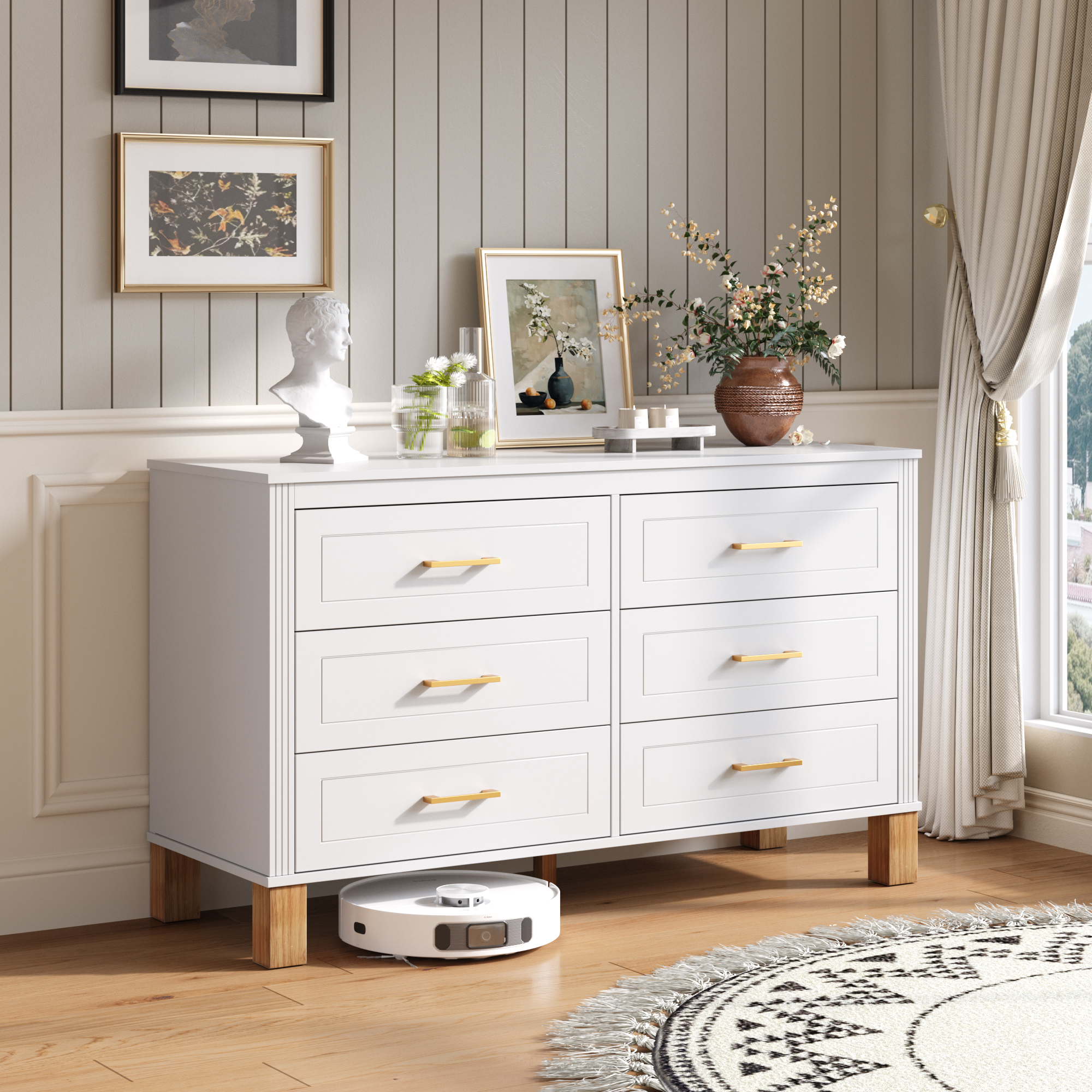 Commode 6 tiroirs blanc, rangement moderne bois massif enfant