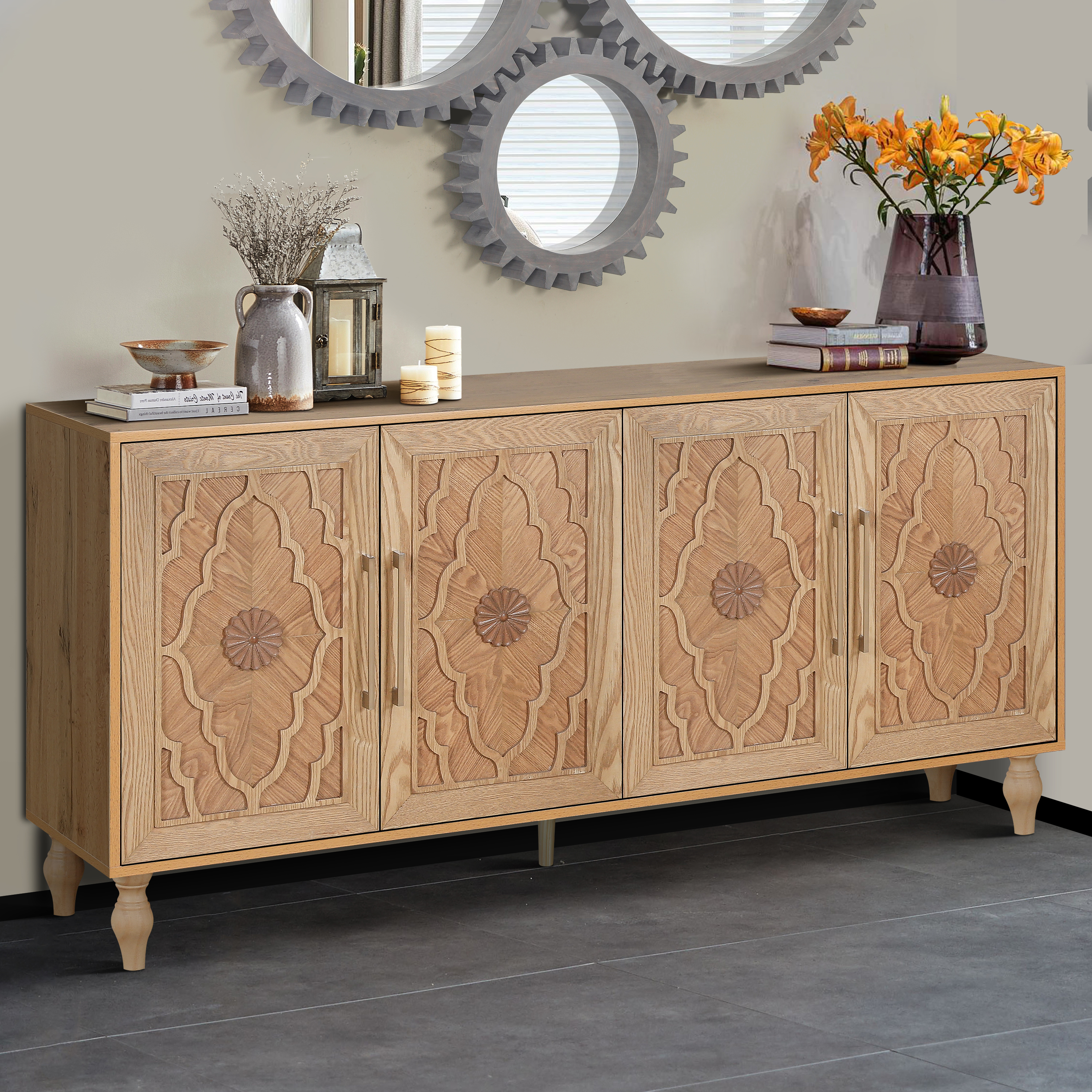 Cabinet rangement grande porte fleur, poignée métal bois naturel