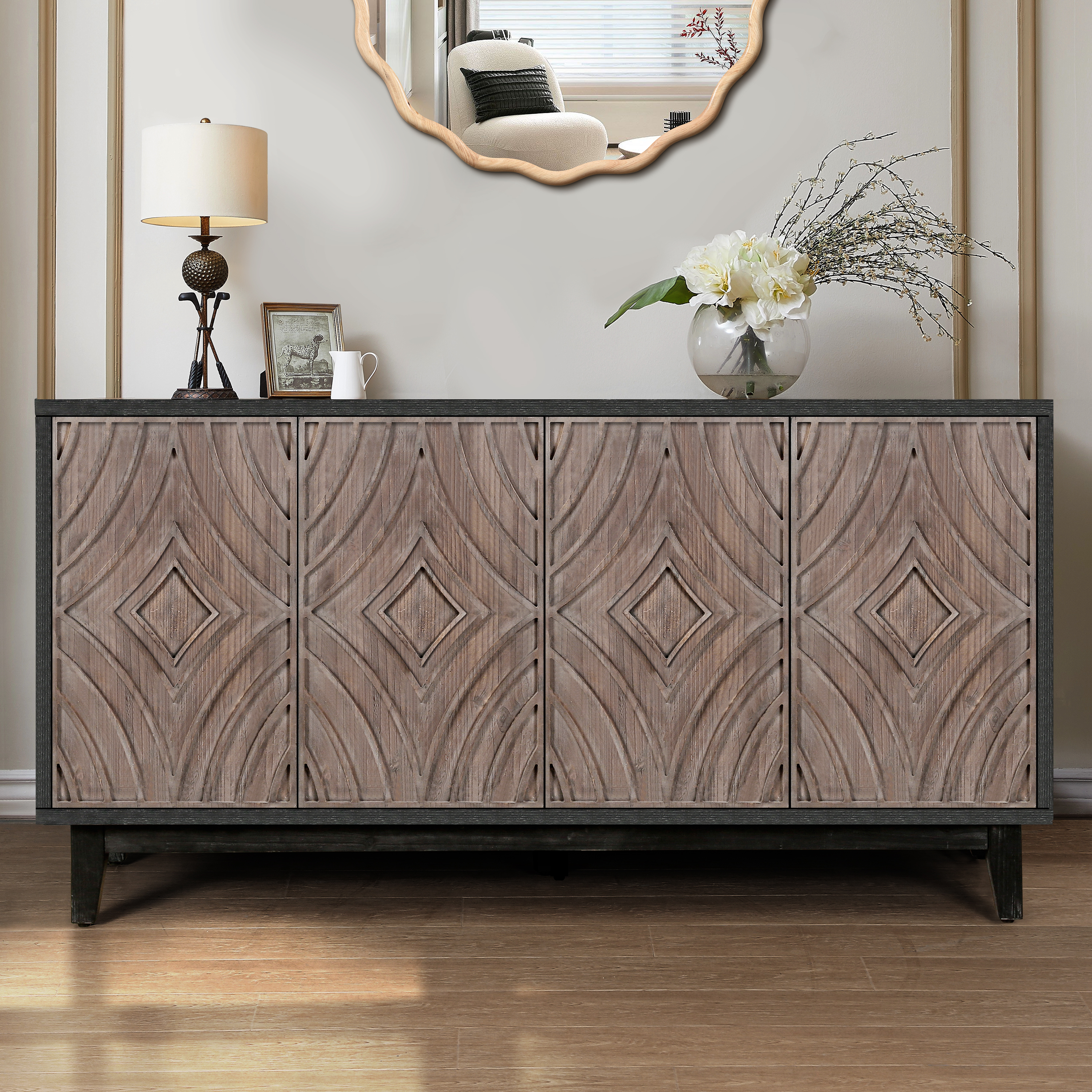 Buffet mi-siècle 60po bois massif 4 portes