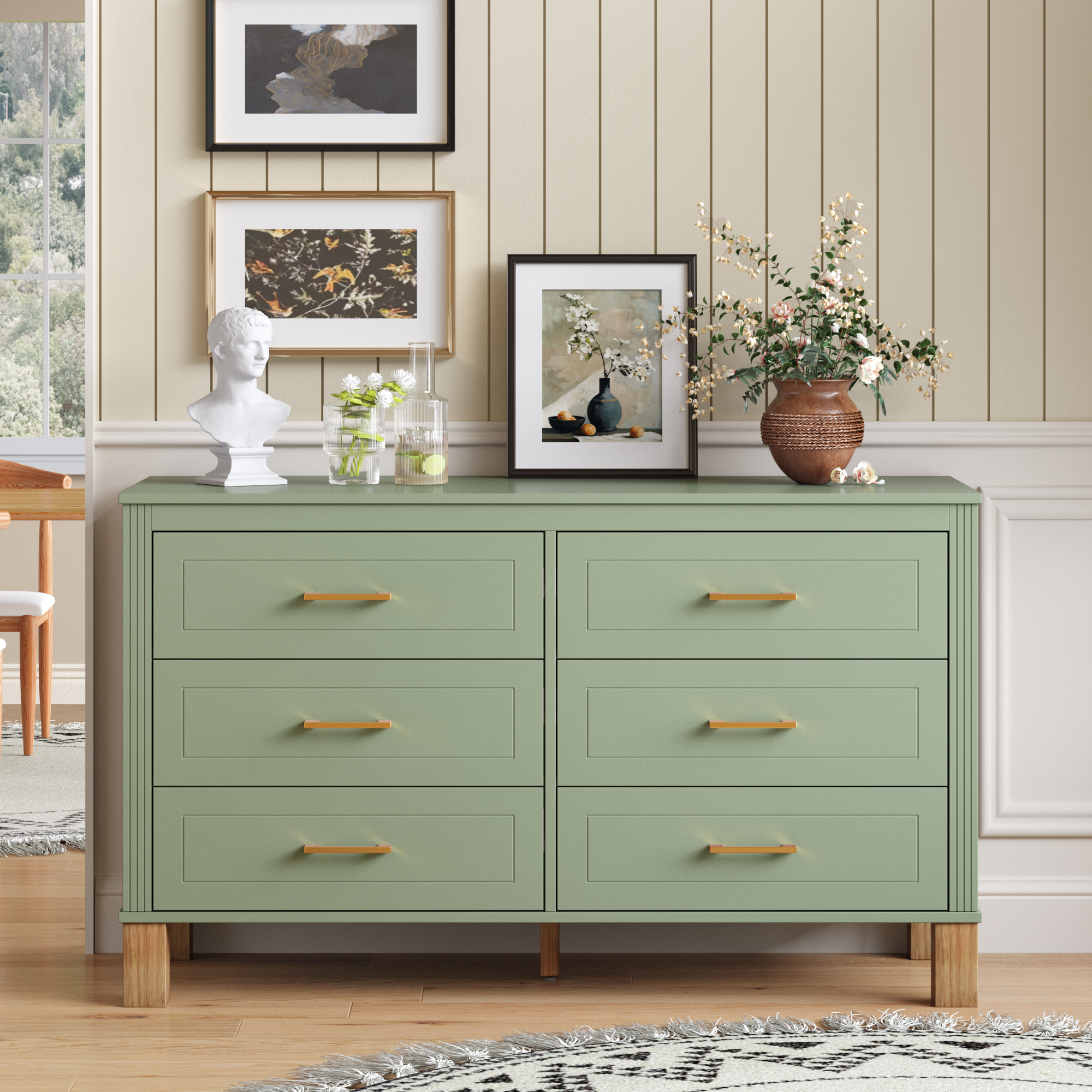 Commode 6 tiroirs vert sauge, rangement moderne bois massif enfant