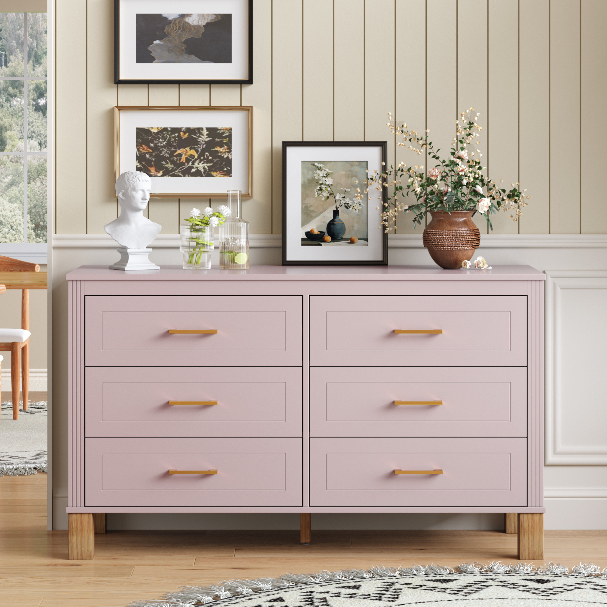 Commode 6 tiroirs rose bois massif poignées métal