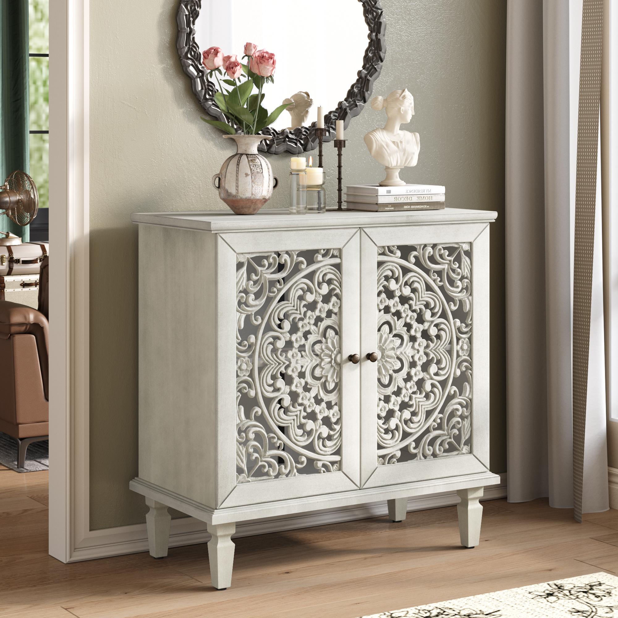 Cabinet d'accent sculpté creux, 2 portes, gris antique