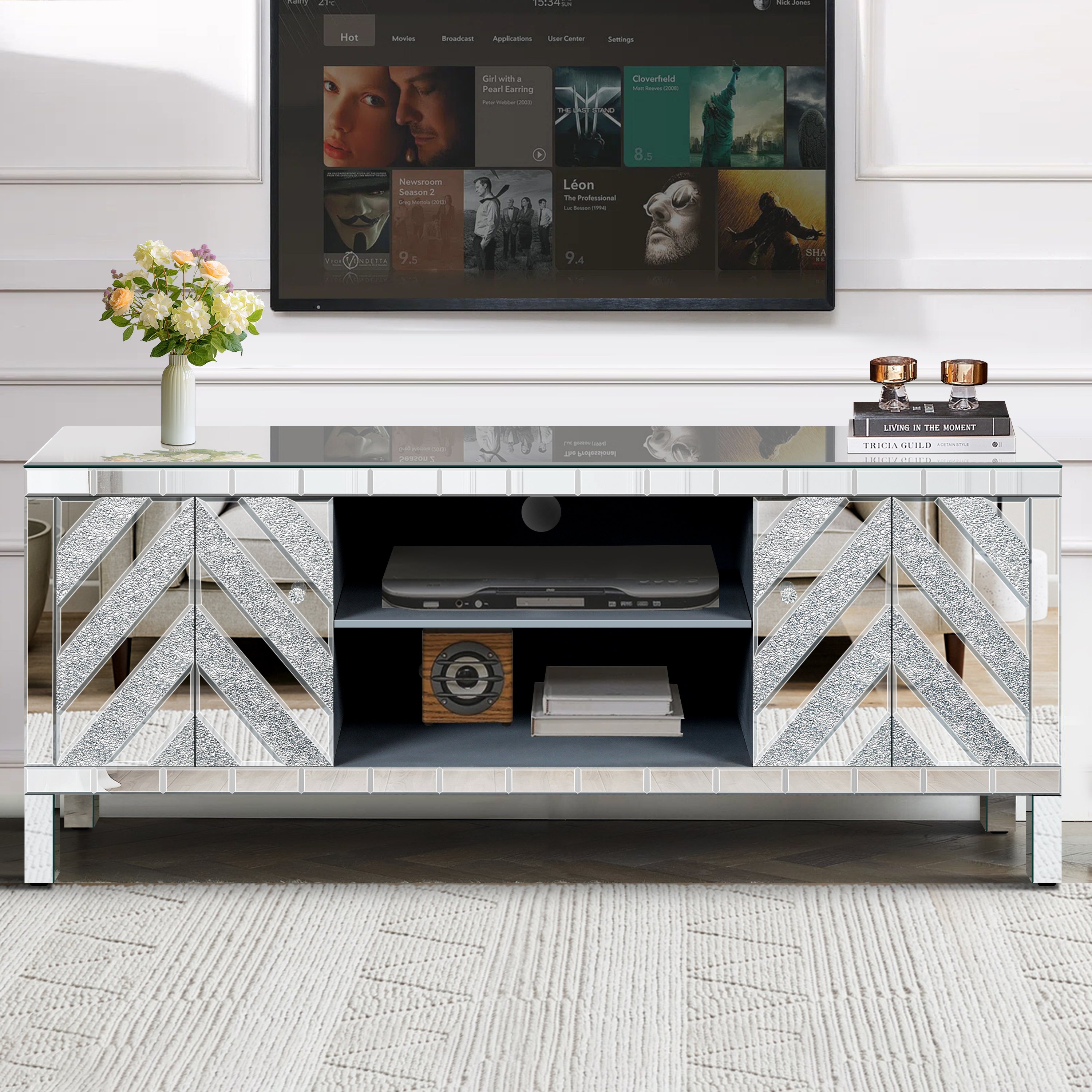 Meuble TV 65po miroir argent portes 59L x 25,2H