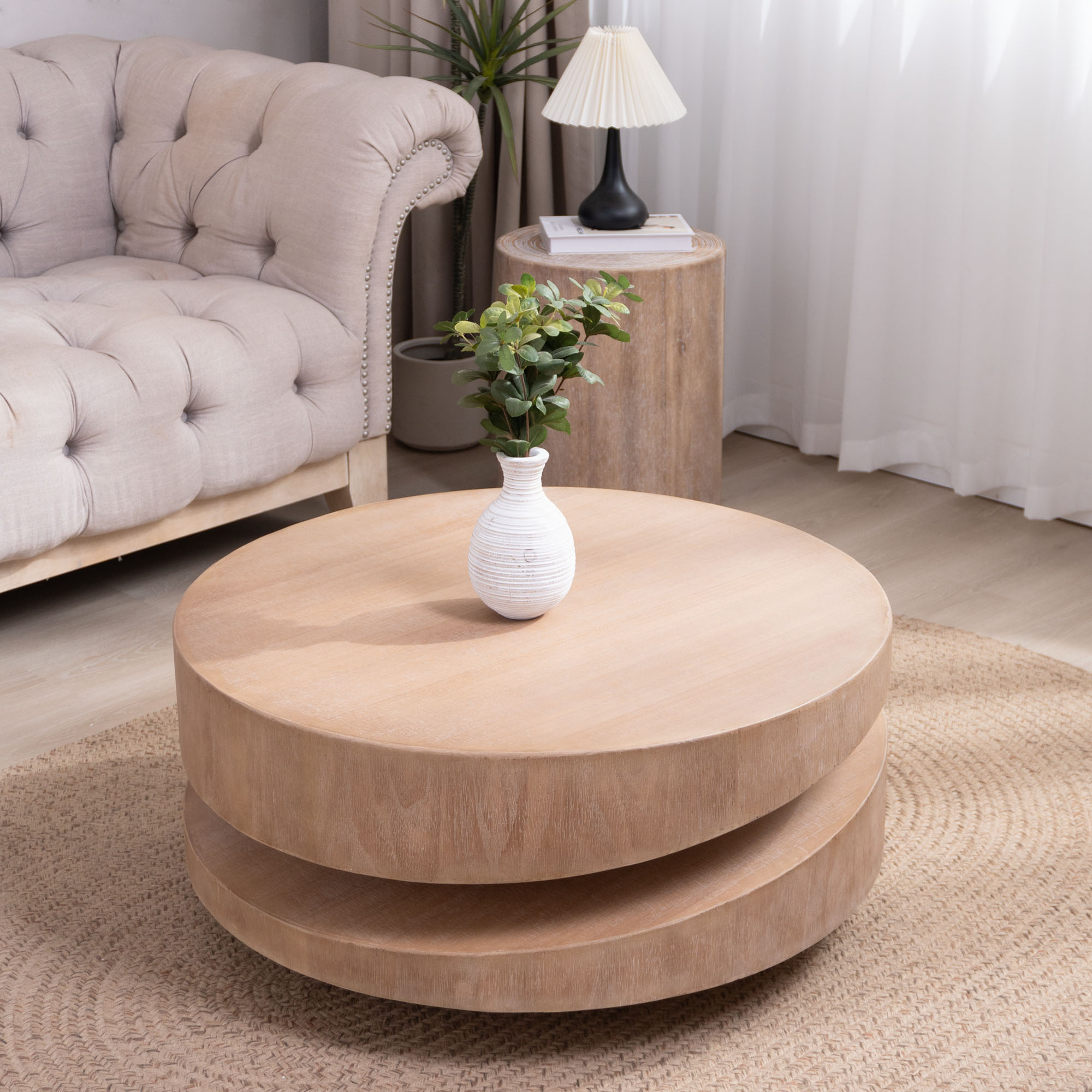 Table à café ronde bois 31.3po, finition naturelle, table accent