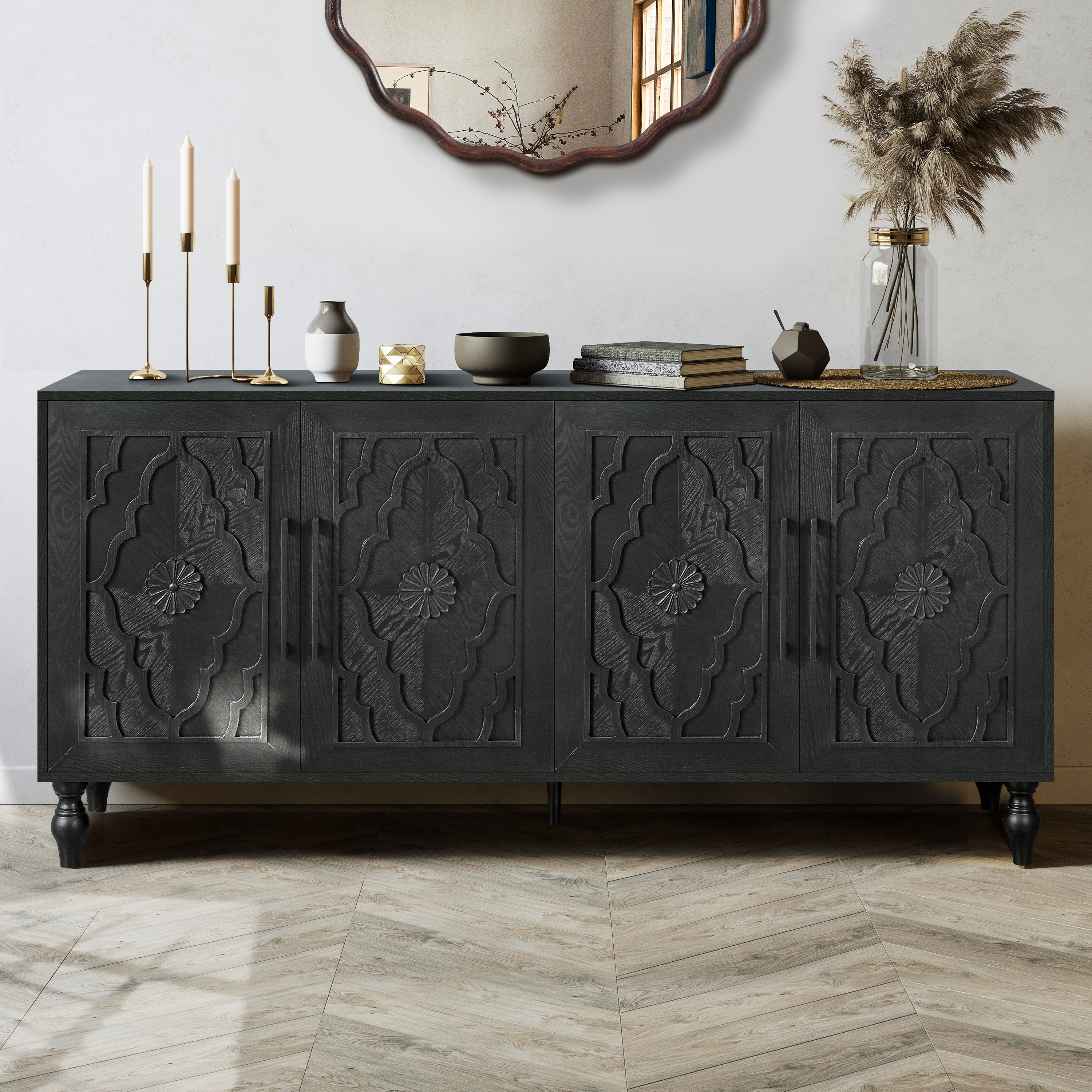 Armoire rangement fleur sculptée - Poignée métal, noire, grandes portes
