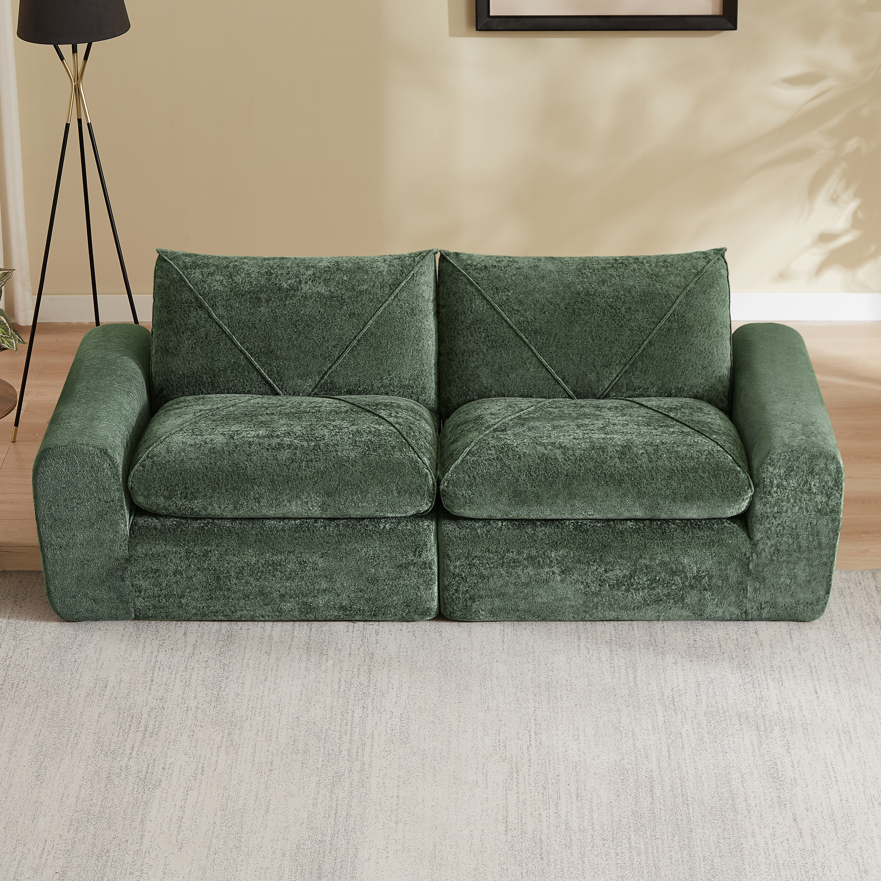 Sofa combinaison tissu chenille beige, multifonctionnel, pédales