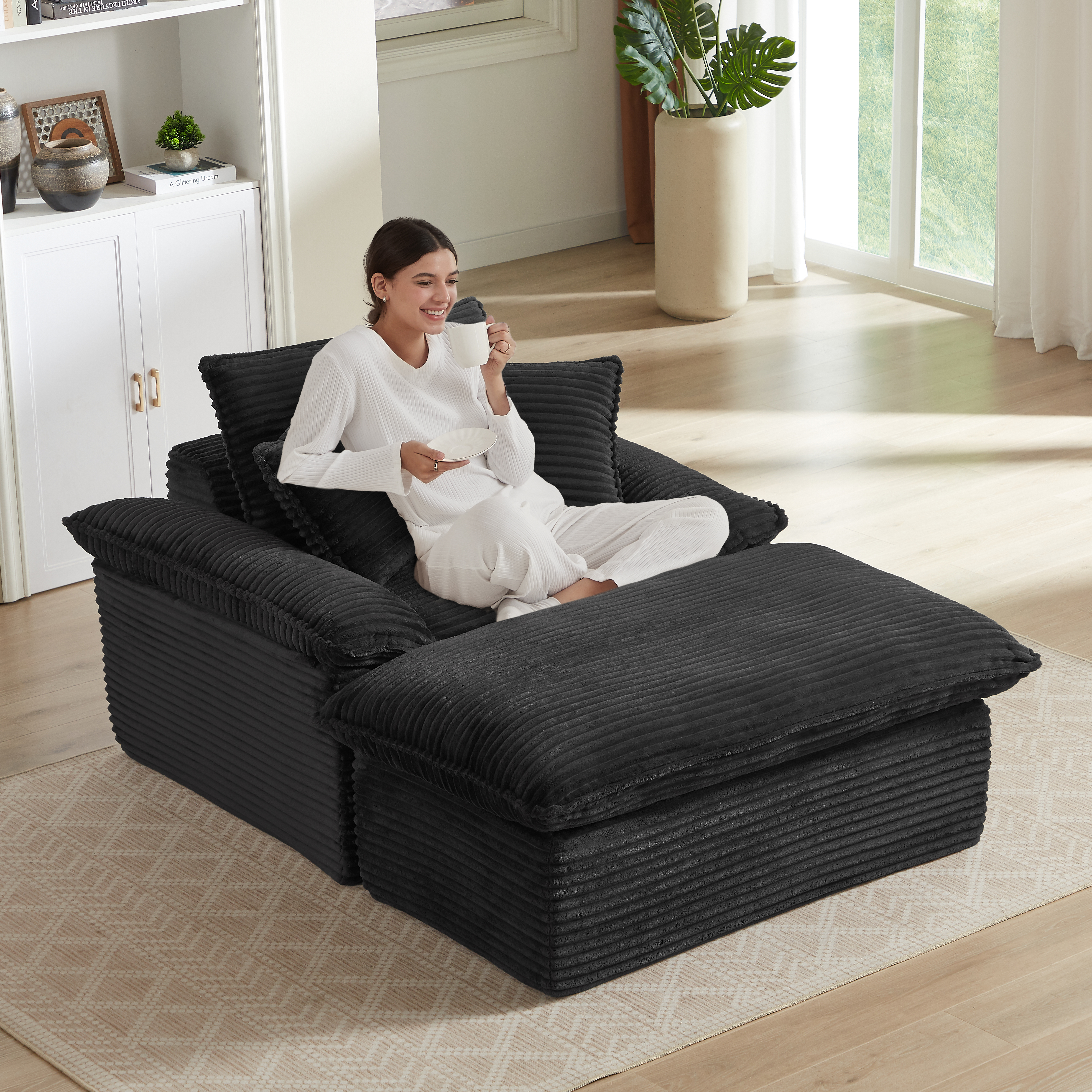 Fauteuil monoplace 51,97po coussiné repose-pieds unique noir