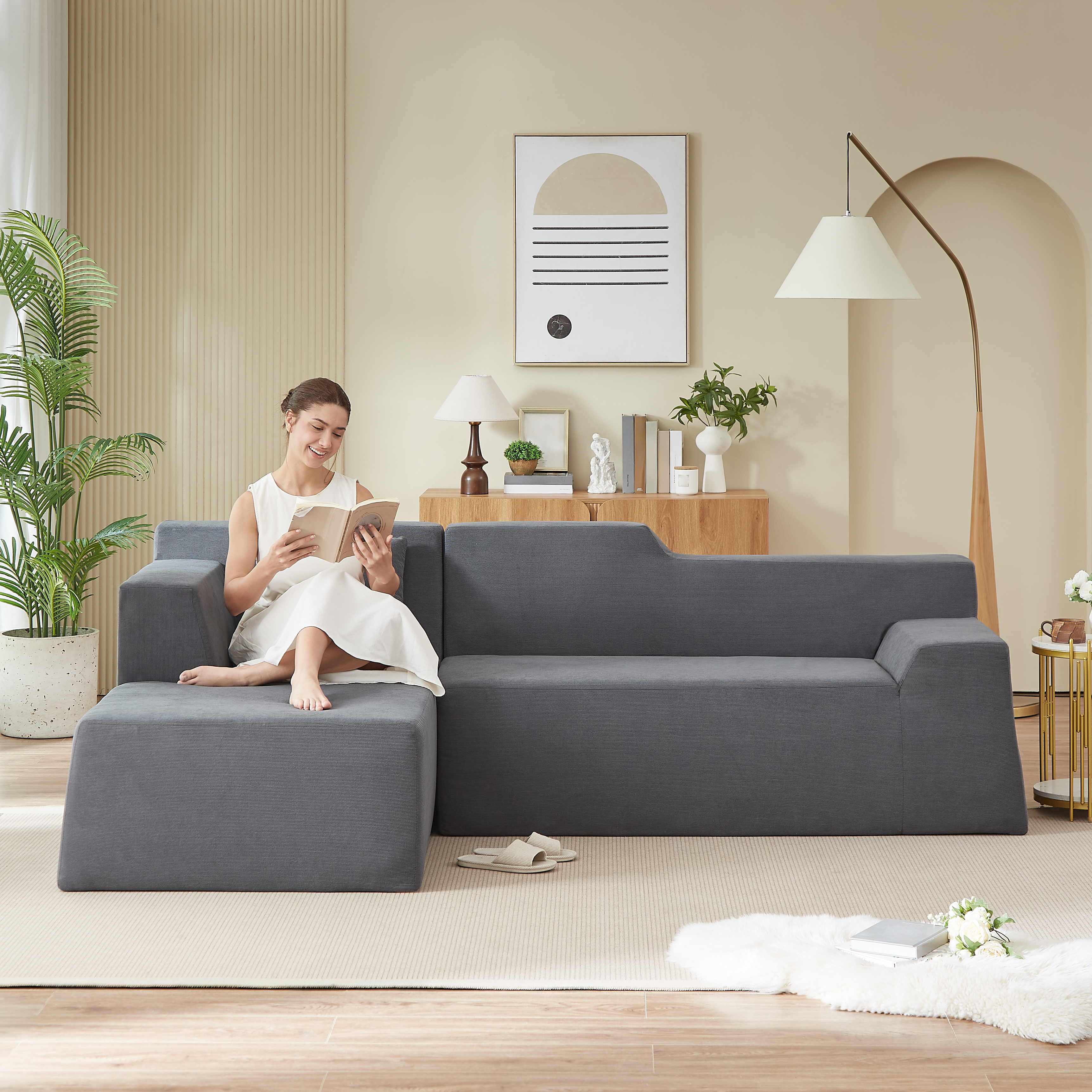 Sofa L corduroy minimaliste dossier haut