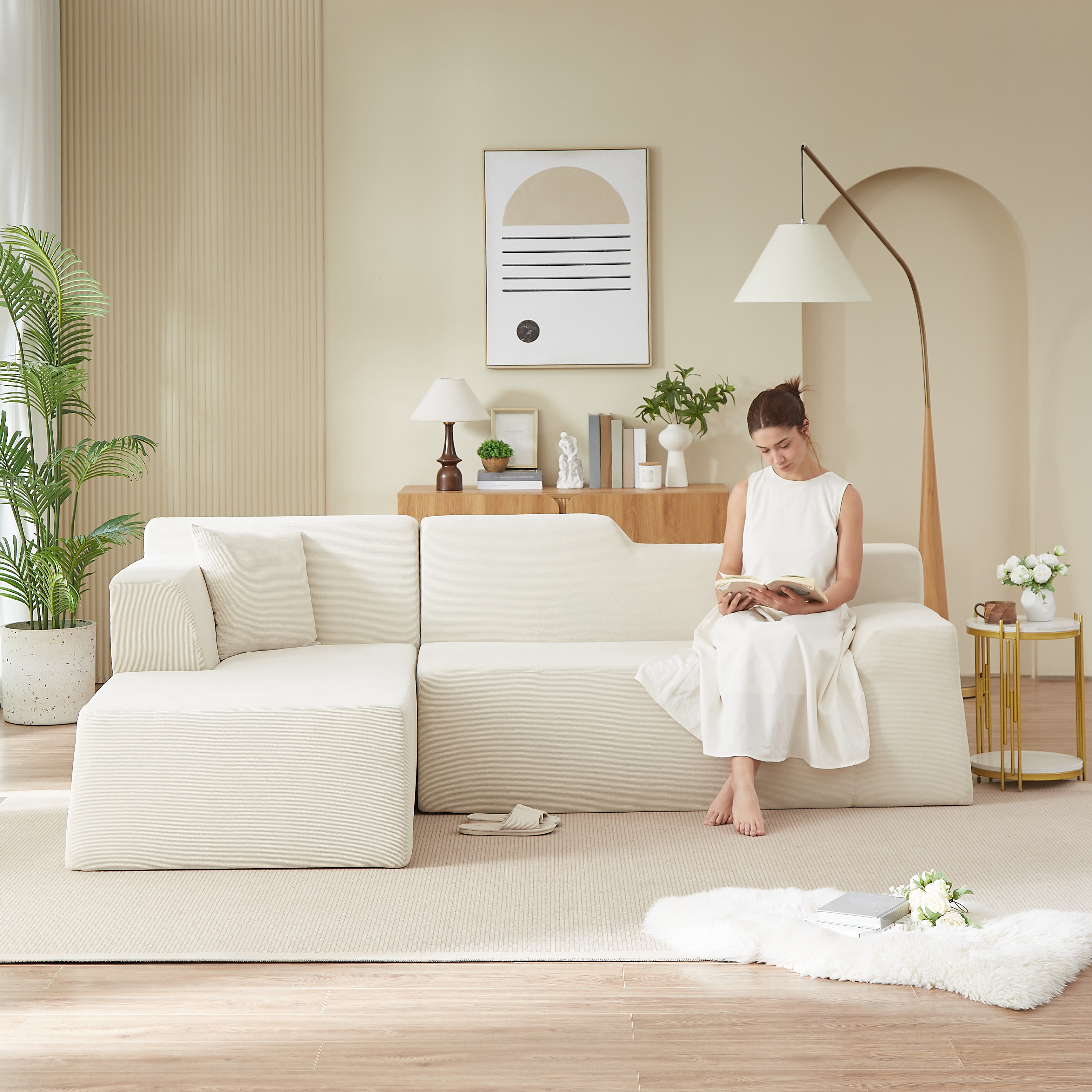 Sofa L velours côtelé minimaliste haut dossier