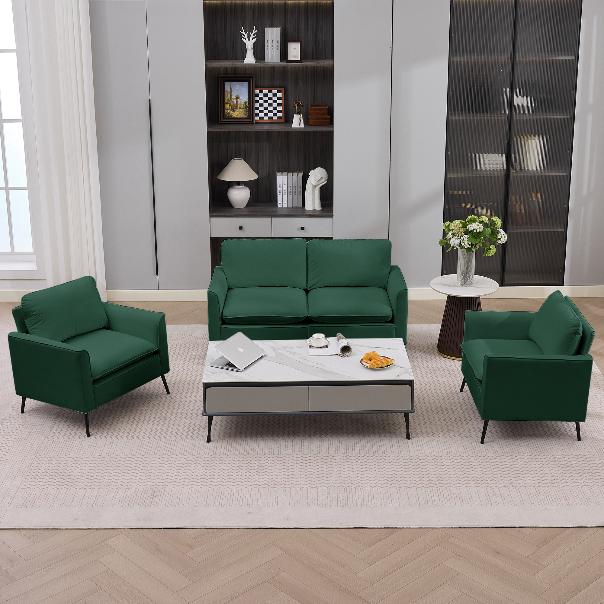 TS Sofa loveseat cuir patte chat, style rétro, set 2, vert