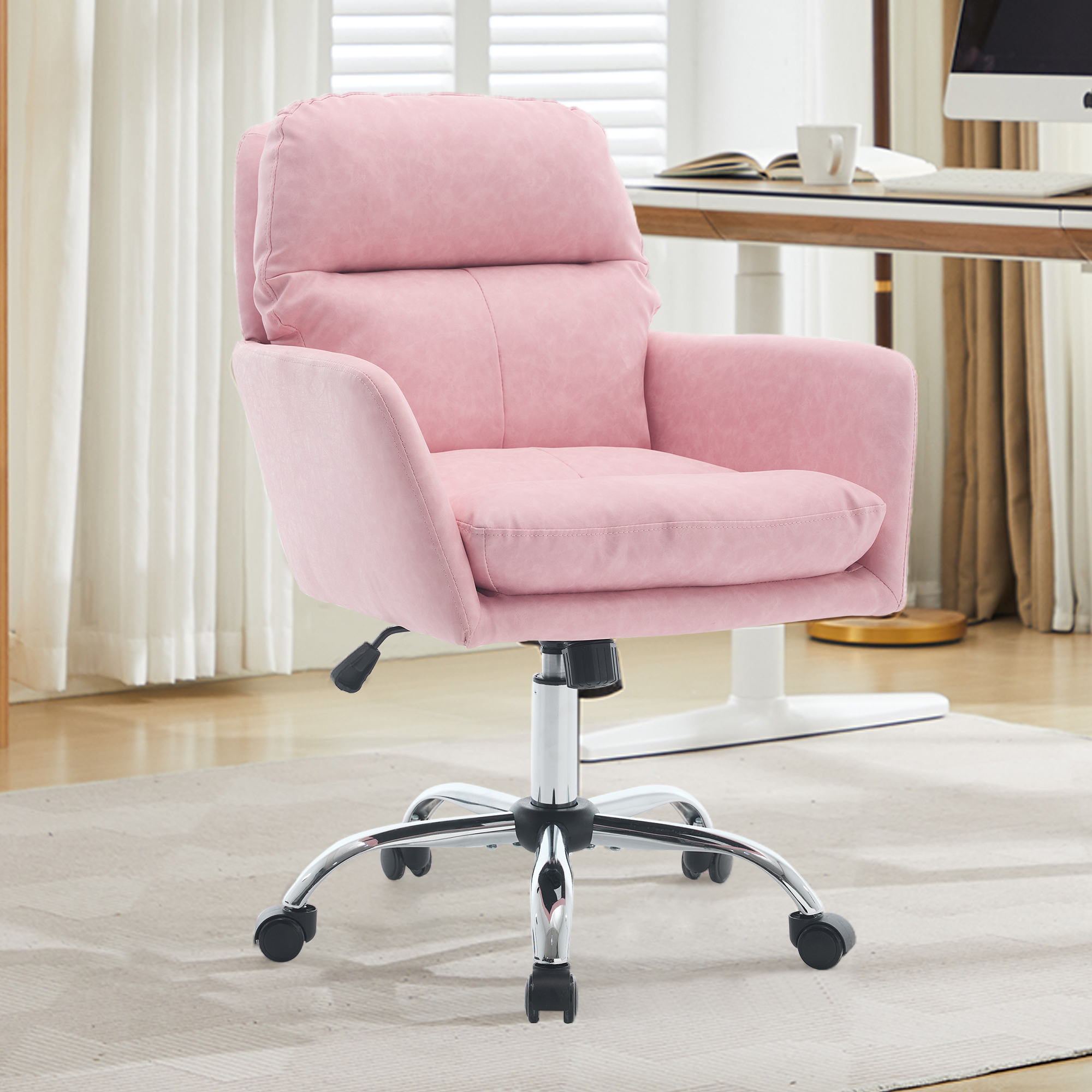 Chaise de bureau cuir PU noir, hauteur ajustable, rose
