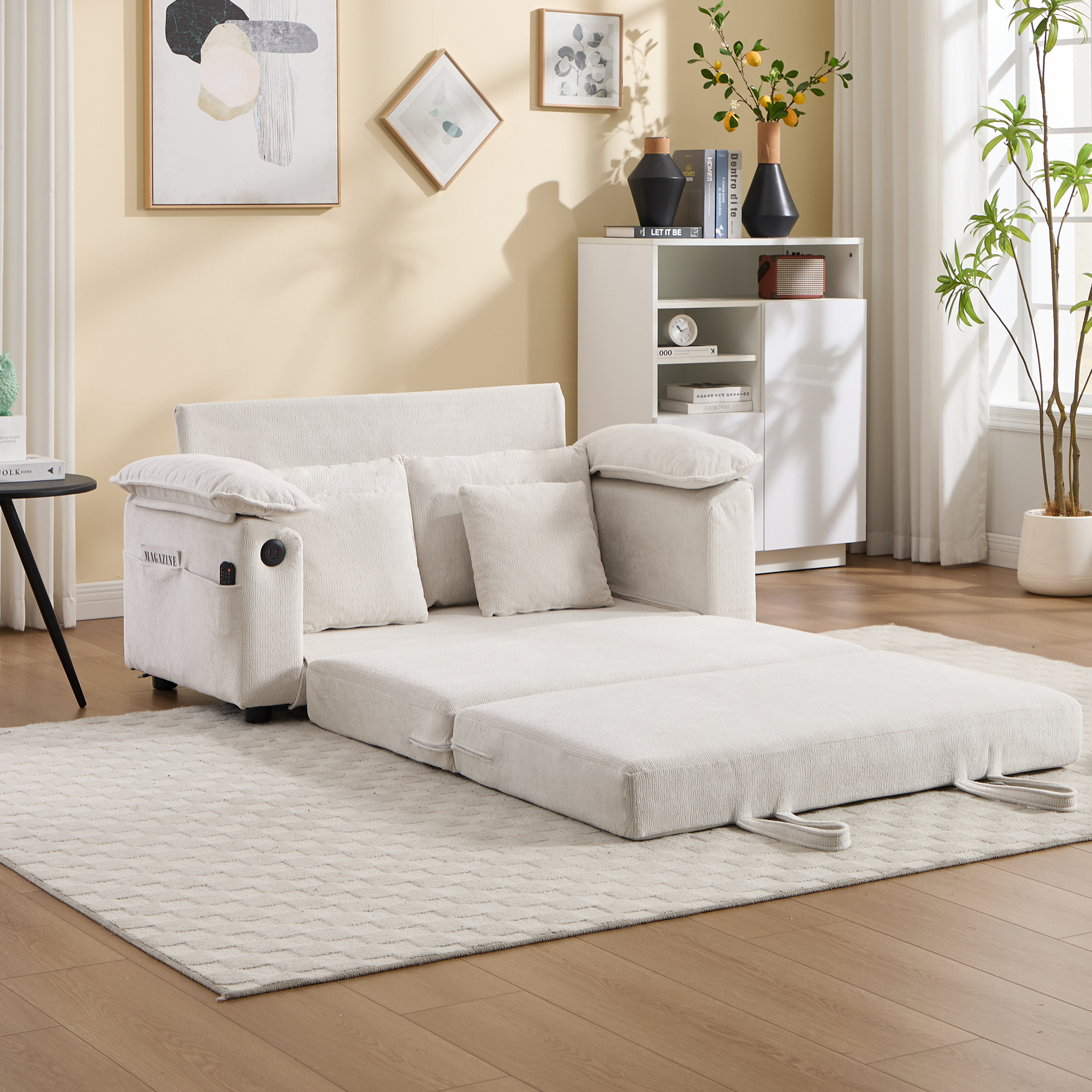 Causeuse futon convertible 58po, convertible lit, poches latérales