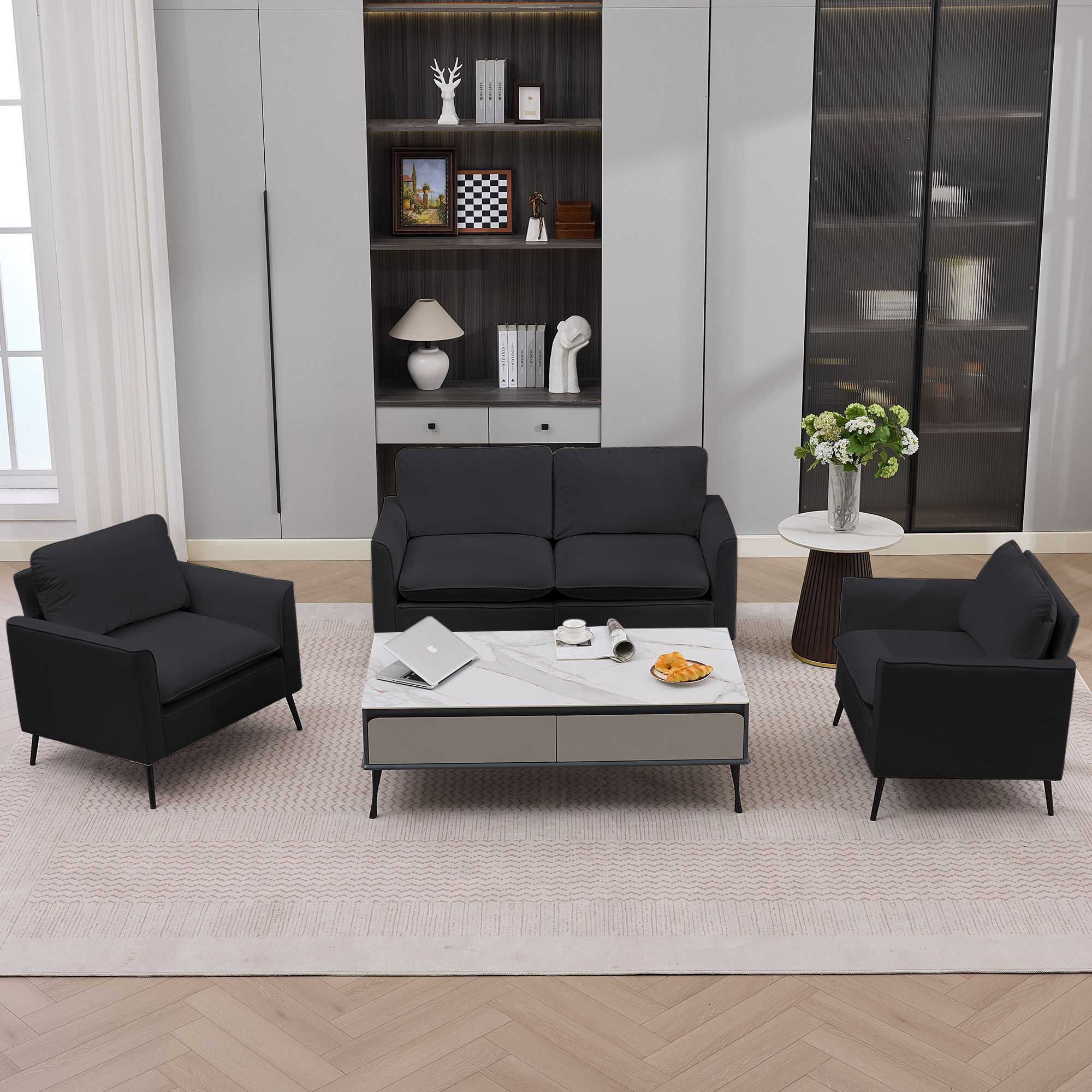 Causeuse canapé cuir TS Cat Paw, style nordique rétro, noir, 2 pièces