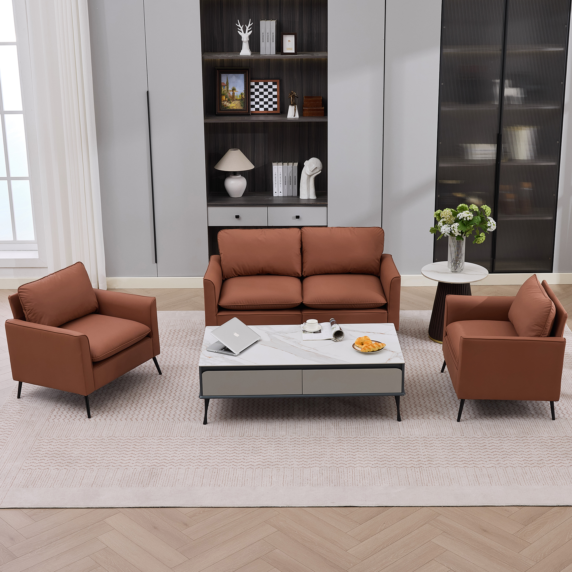 TS sofa cuir patte chat, canapé nordique, brun, 2 pcs