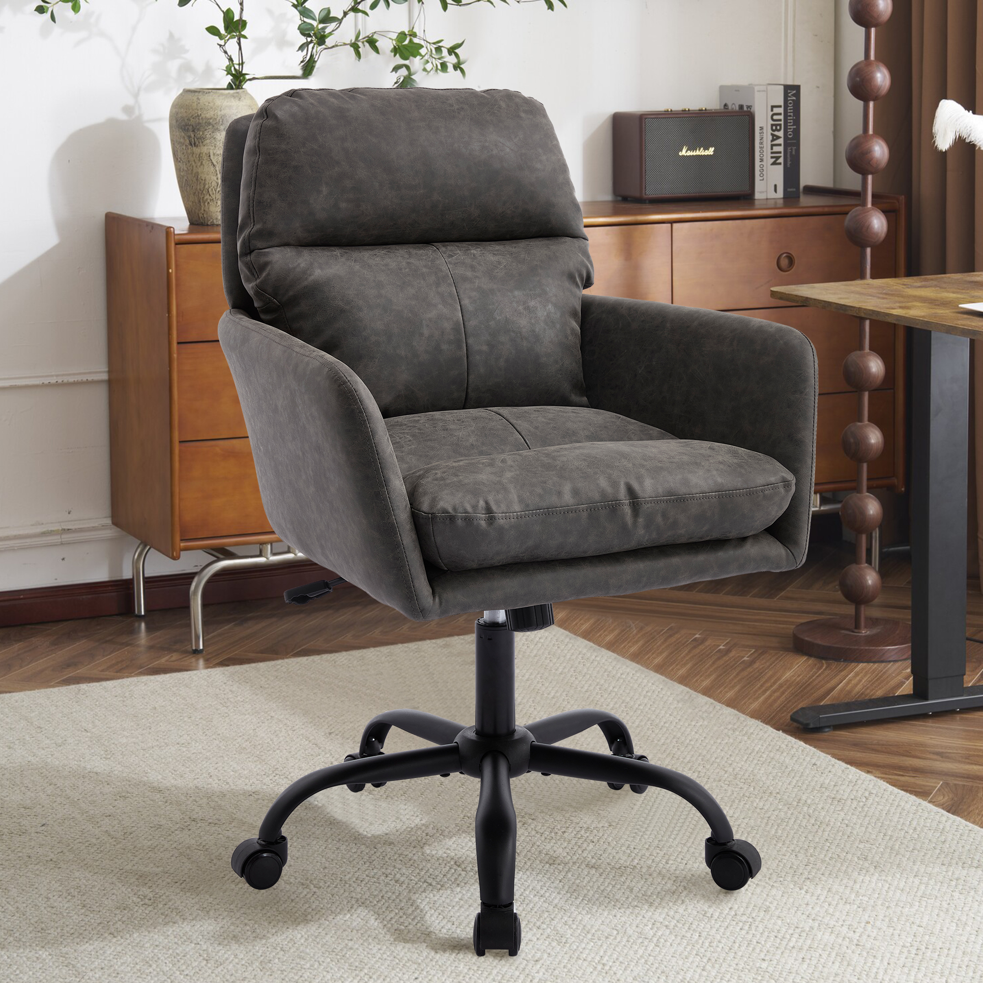 Chaise bureau cuir PU grise ajustable, dressing, hauteur variable
