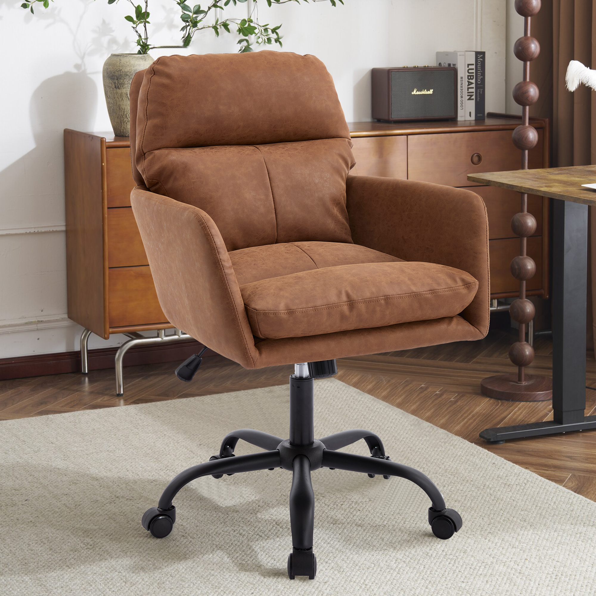 Chaise bureau cuir artificiel base noire hauteur ajustable brun