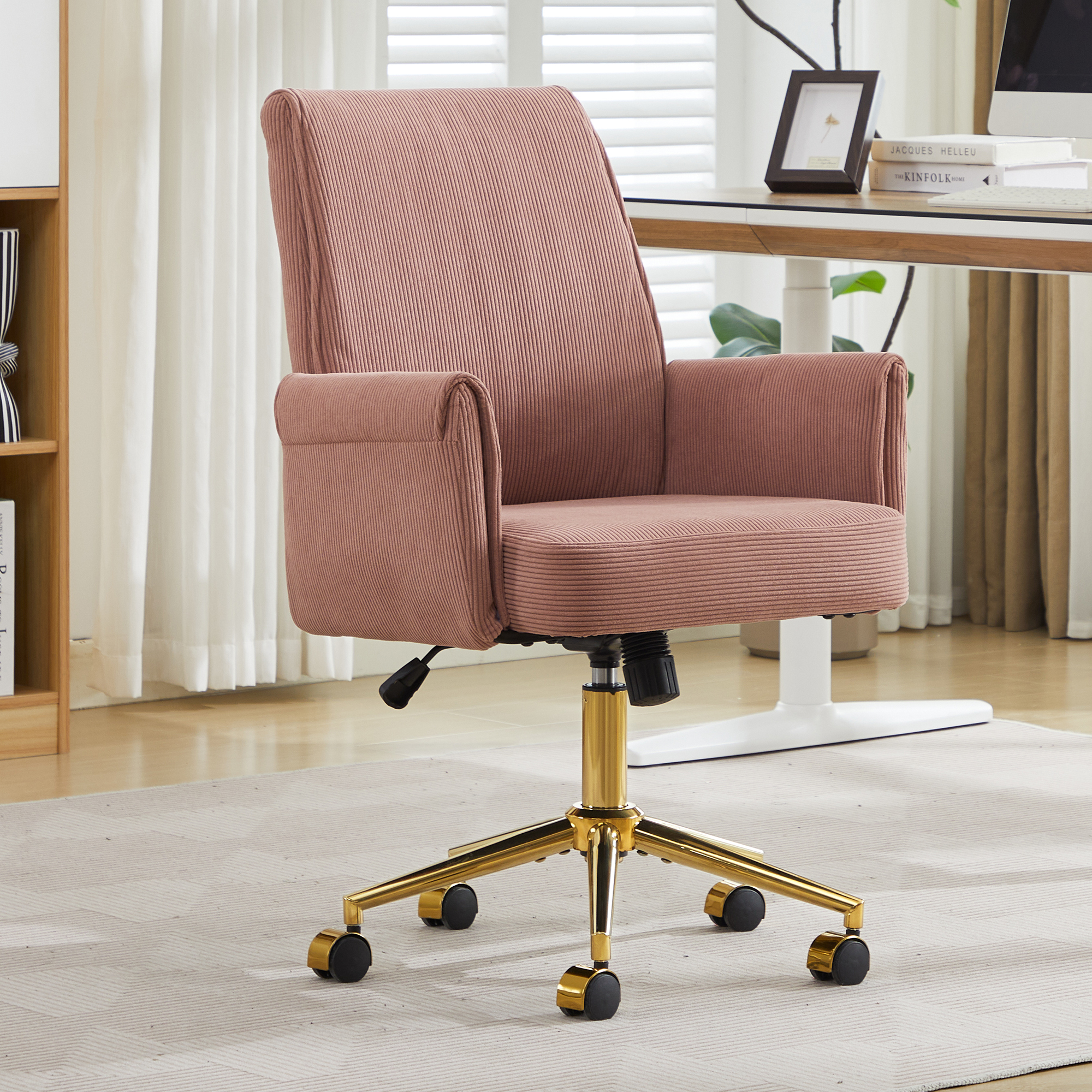 Chaise bureau mi-dossier relevable, tissu rayé, ergonomique, rose