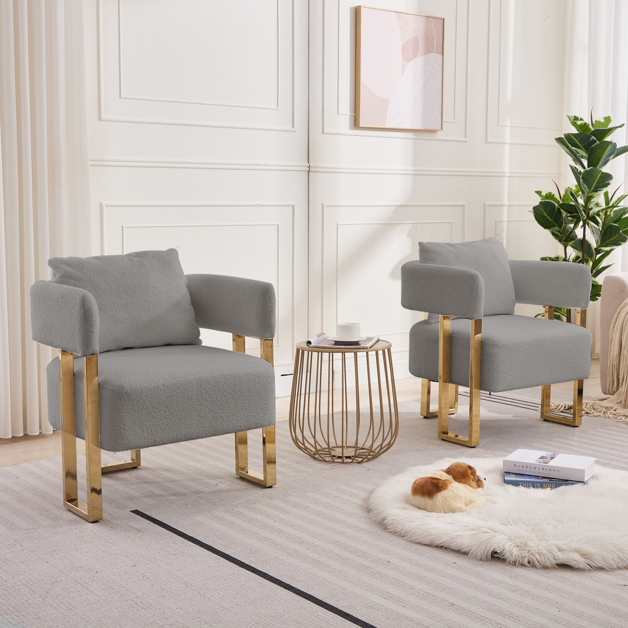 TS chaise décorative moderne, pieds métal doré, gris polaire, 2 pcs