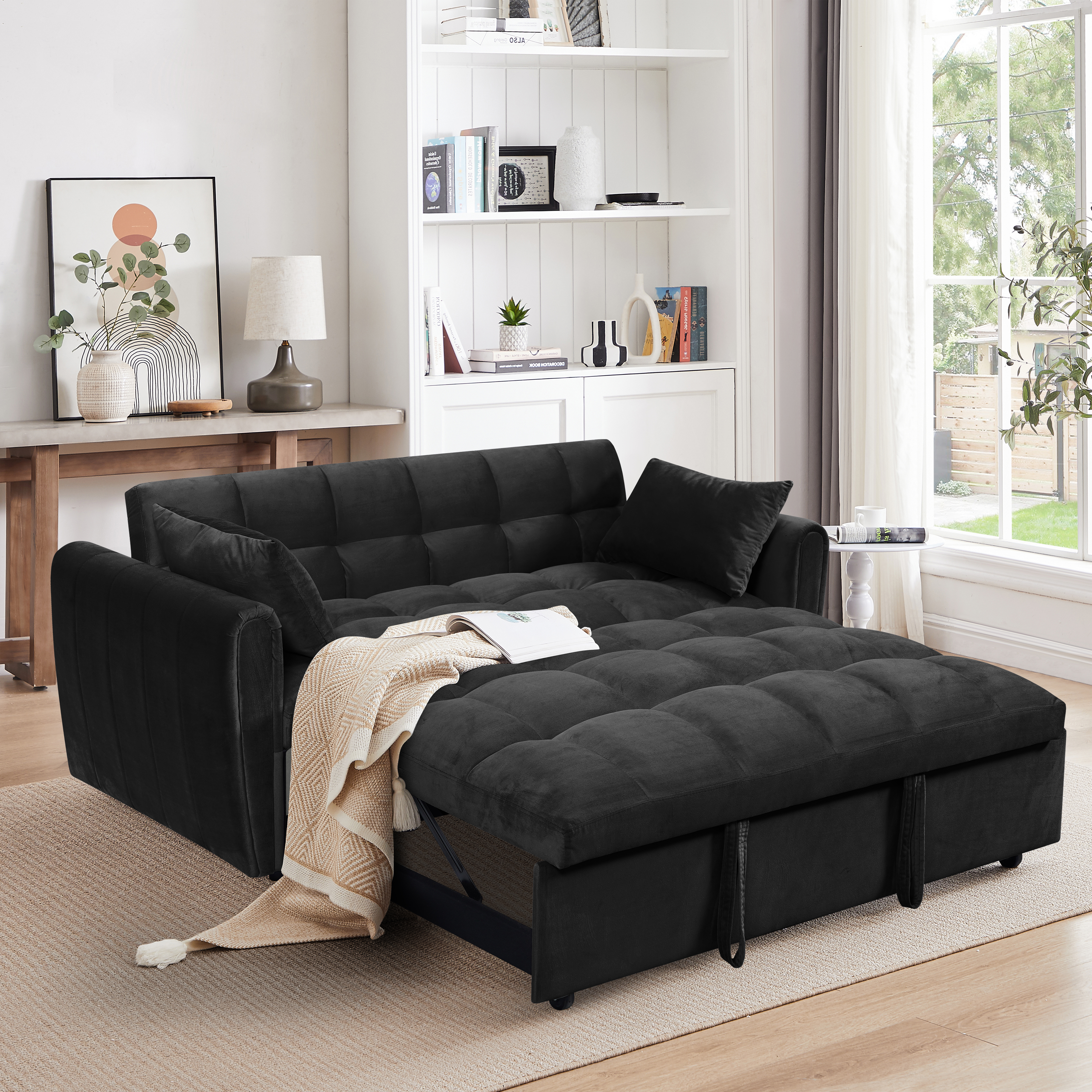 Canapé lit 65po 3-en-1 velours moderne dossier ajustable coussins