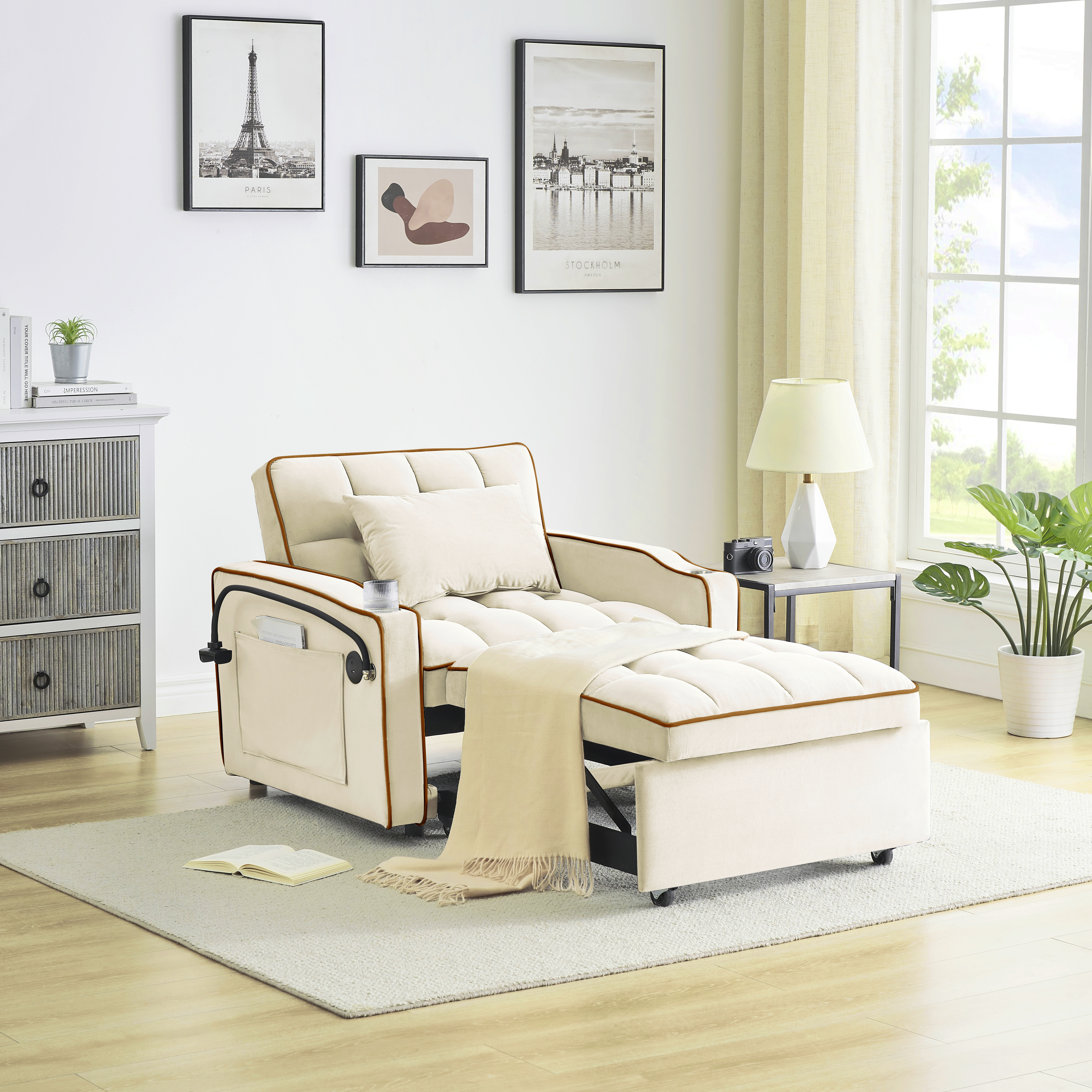 Canapé-lit convertible 3 longueurs velours, port USB, blanc crème