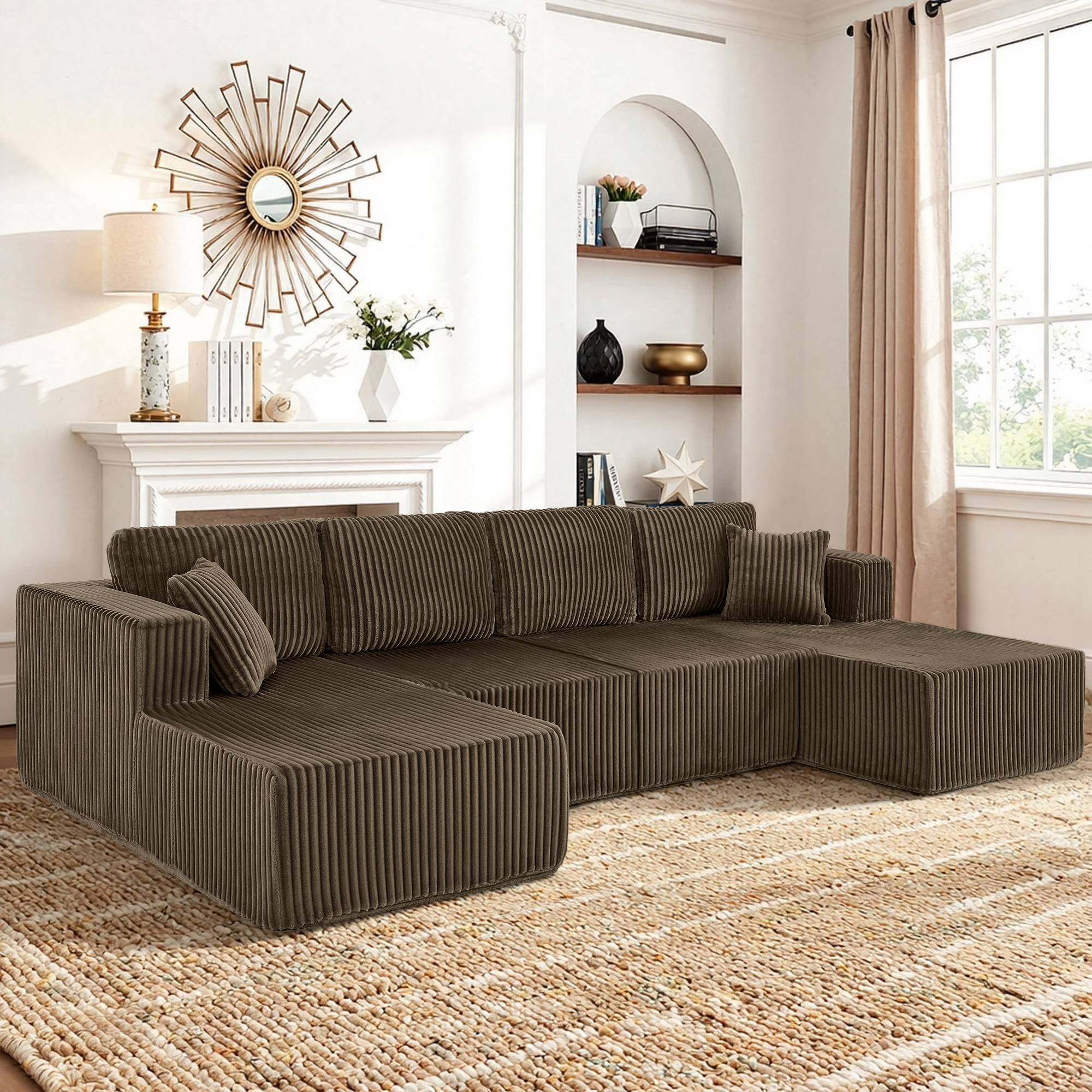 Causeuse sectionelle U velours brun comprimée